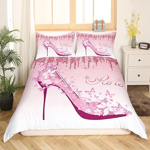 Miniatura 2 de Juego de funda de edredón femenina de tacones altos, tamaño Queen, juego de ropa de cama romántica de mariposa de 3 piezas para decoración de
