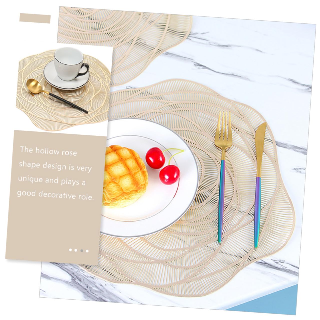 TOYANDONA Manteles Individuales de PVC Huecos Diseño de Rosa Dorada 38 CM 6 Piezas para Decoración de Mesa Posavasos para Fiestas y Comedor Adornos para Restaurante y Eventos