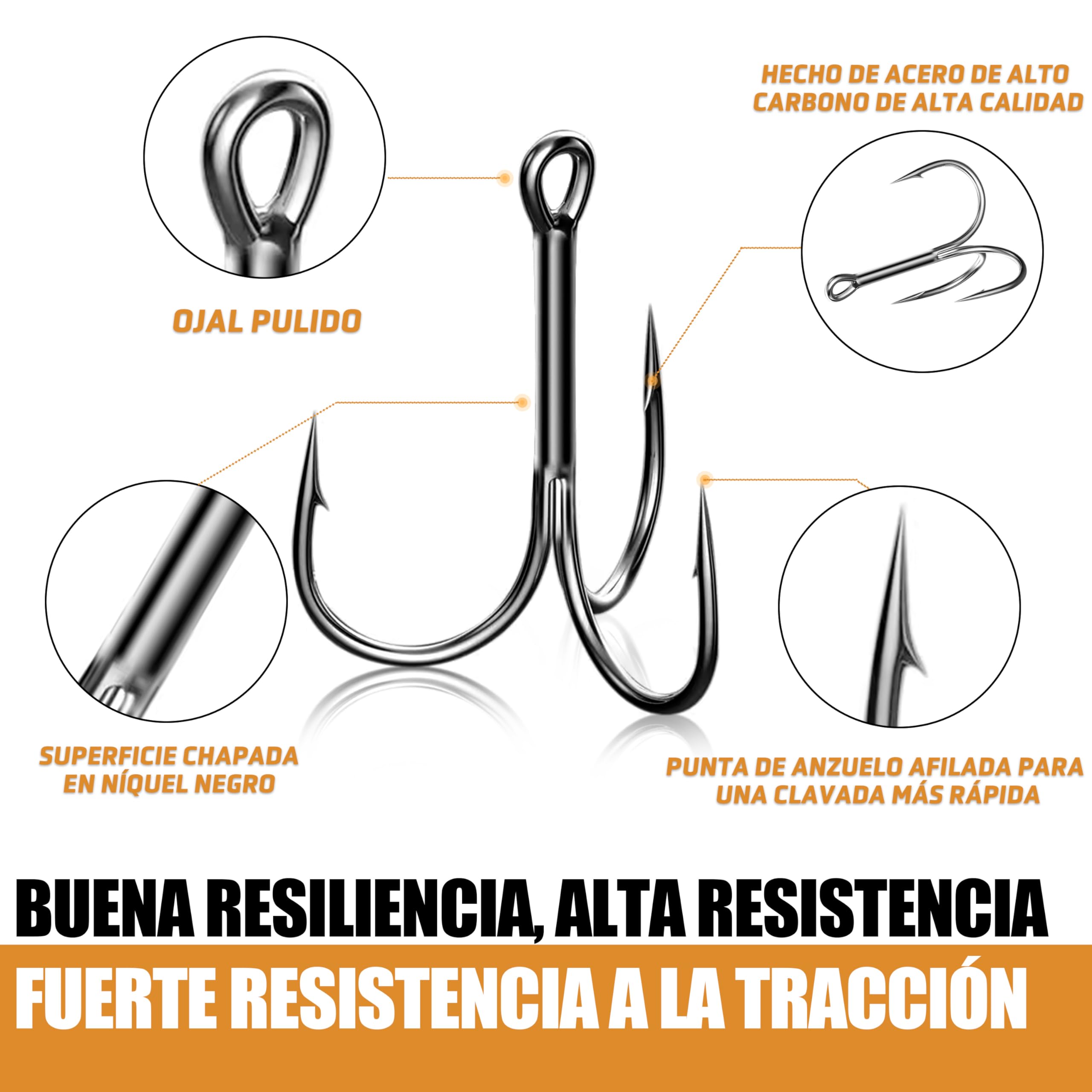 Anzuelos de Pesca Triples de Acero de Alto Carbono, Curvado Redondo, Afilados y Resistentes