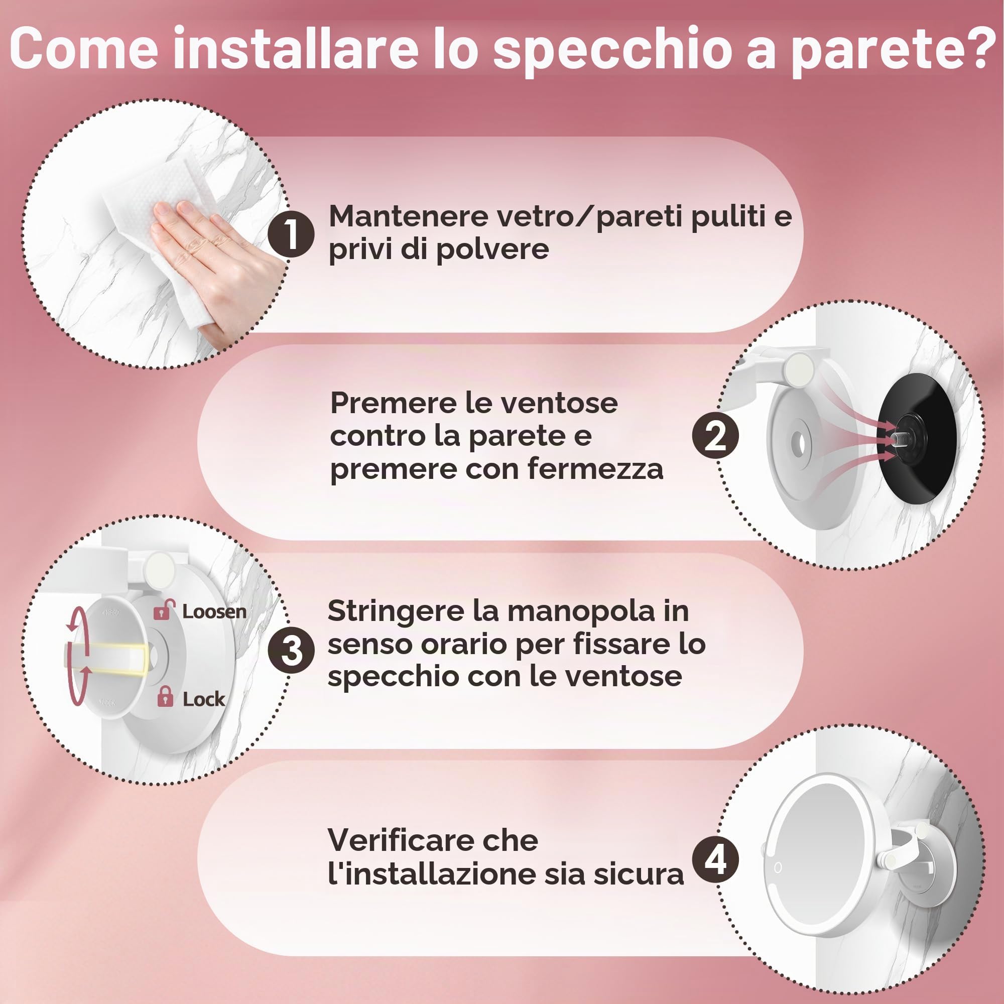 Specchio da trucco con illuminazione e specchio cosmetico con ingrandimento 30x, specchio ingranditore con ventosa con luce grande, specchio da parete