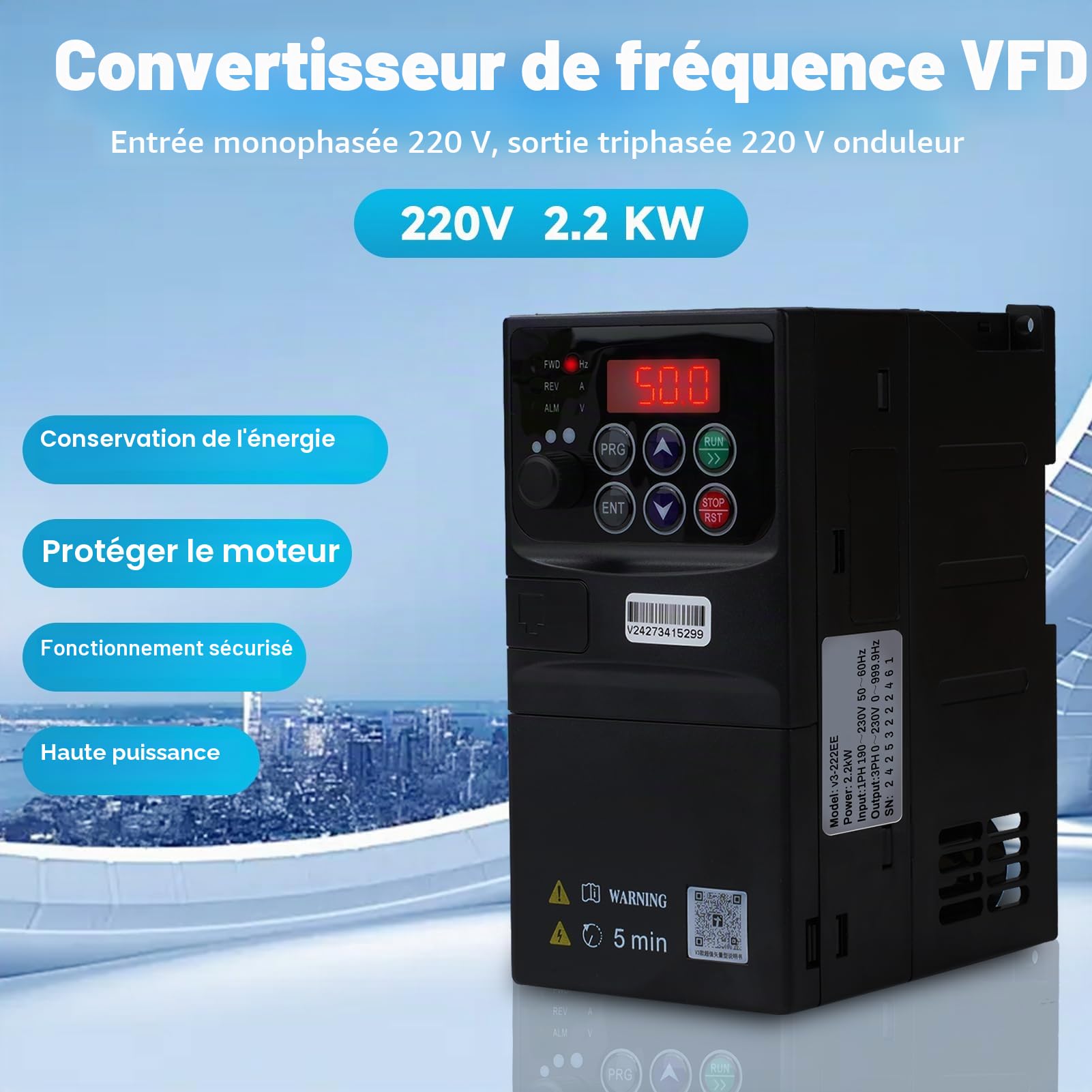 2.2KW Variateur de frequence 220V Entrée monophasée 220v Sortie triphasée 230v Variateur de fréquence Tableau de commande amovible modèle V3-222EE (avec câble d'extension de 1.5m)