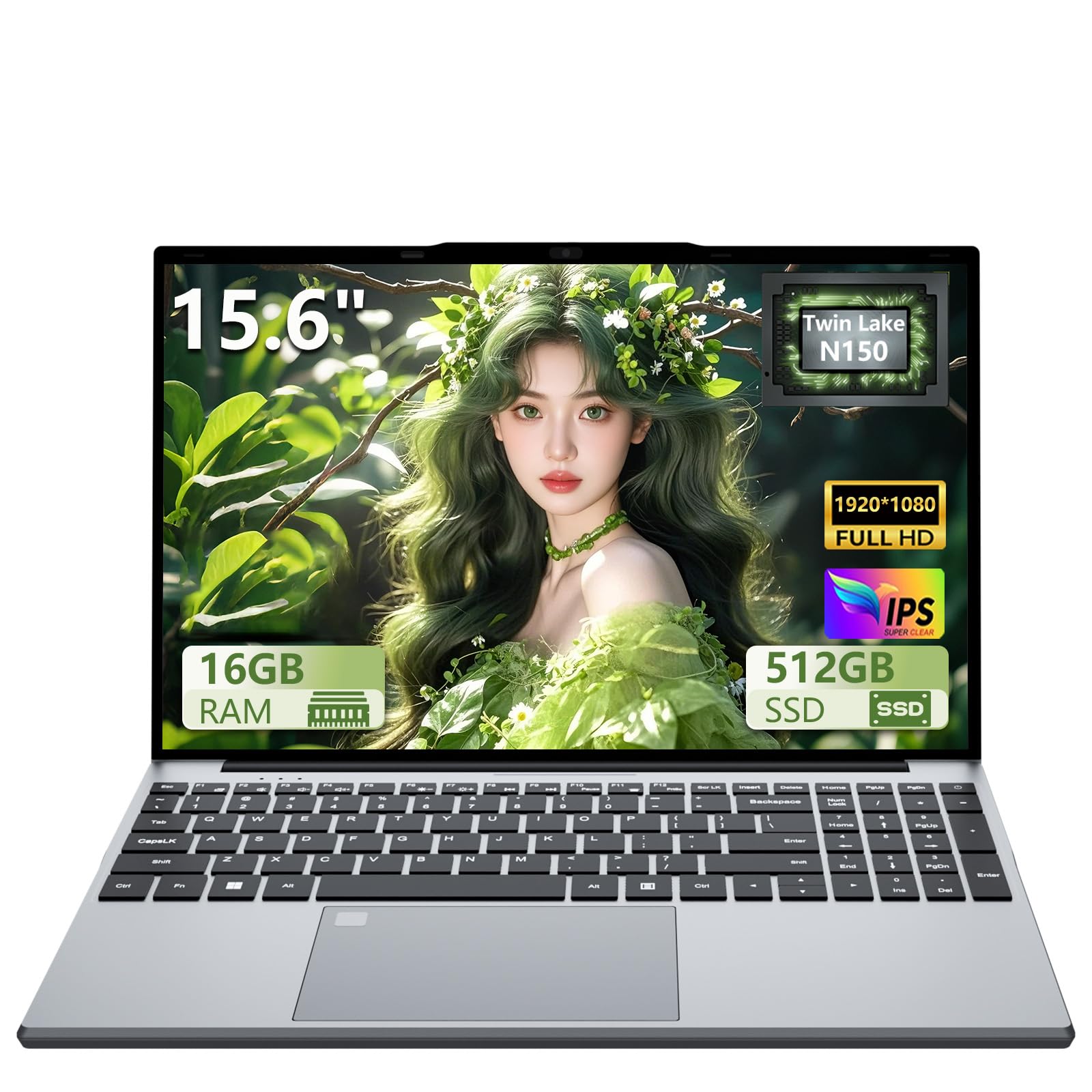 Ordenador Portátil 15,6 Pulgadas, N150 procesador 16 GB RAM DDR4 SSD 512 GB PC Portátil, Laptop con Pantalla de 1920 x 1080, Win11 Pro, 2*USB 3.0, HDMI 4K Computadora portatil