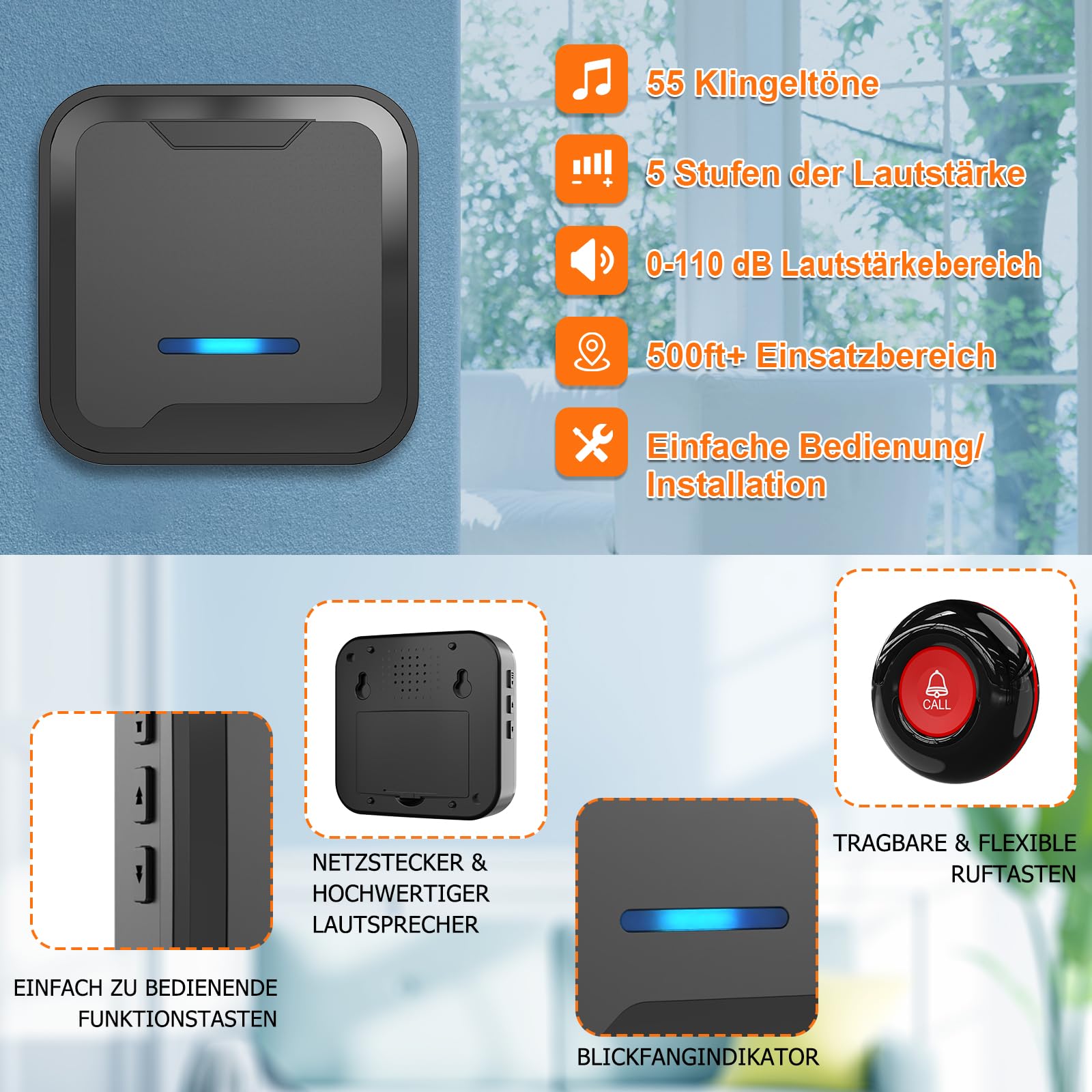ChunHee Botón de Llamada Emergencia Inalámbrica/Boton Alarma Ancianos/Boton SOS Personas Mayores/Buscapersonas del Cuidador para el Paciente Personal de Edad/Distancia de recepción de 300FT/100M