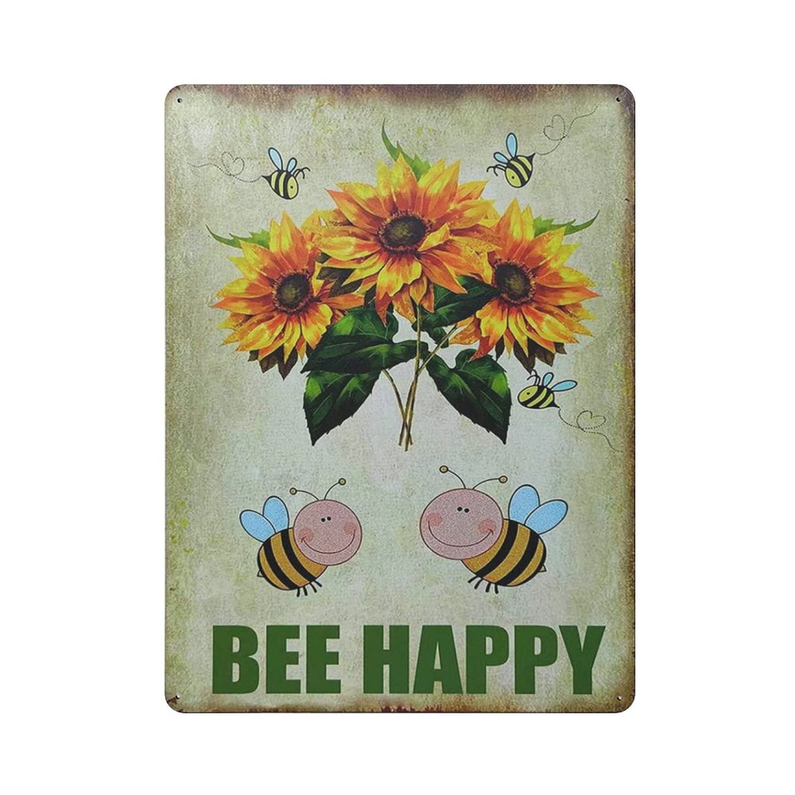 AOOEDM Bee Happy Vintage Metal Tin Sign for Home Coffee Shop Office Wall Art Metal Poster Garage Decor Man Cave Sign Inspirational Quote Wall Decor
