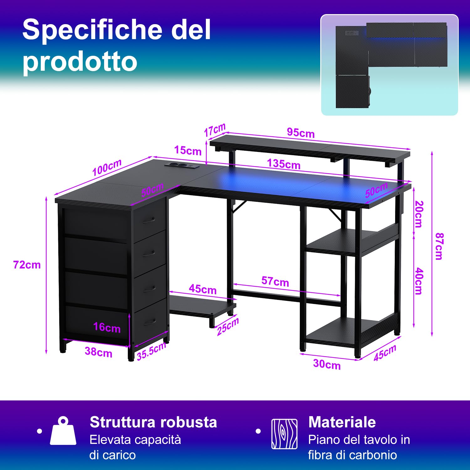 JUMMICO Scrivania Angolare a Forma di L 135 cm con Luci LED, Scrivania per Computer Ufficio Casa, Tavolo da Gaming con Ripiani Portaoggetti, Struttura Stabile e Design Reversibile, Nero