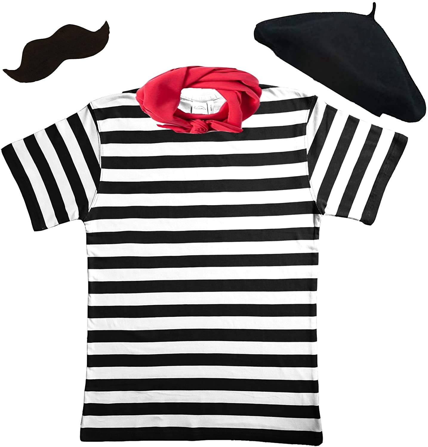RARA® Mens French Man Fancy Dress 4PC Set T-Shirt + Red Scarf + Black Beret + Fake Moustache Halloween Cosplay Costume Outfit with Beret Set (Men: 48/50)
