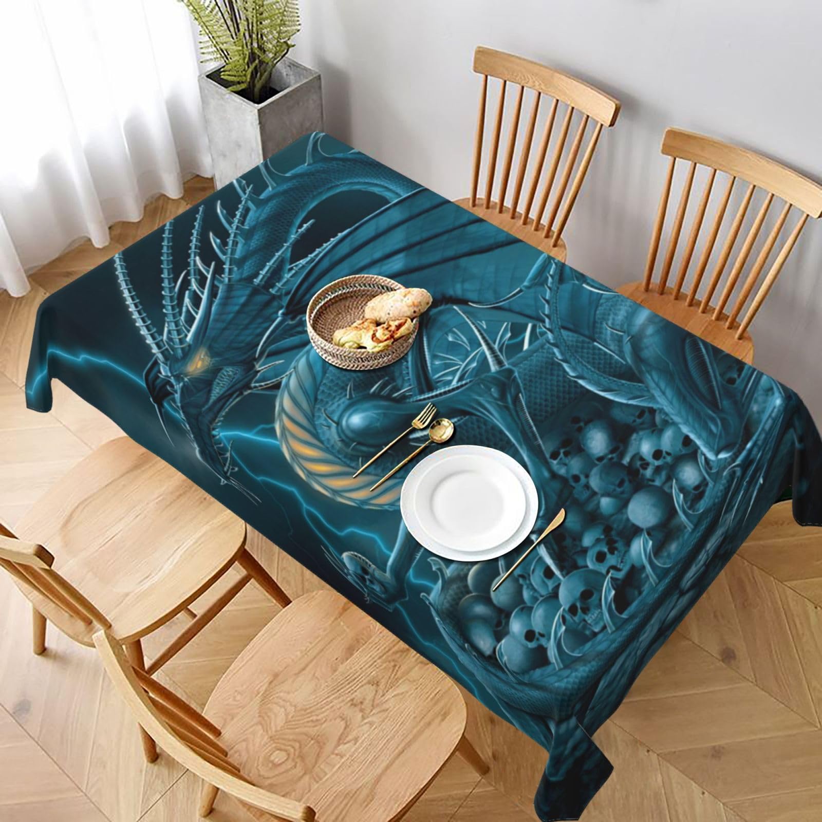 BNVSADC Skull Dragon Printed Rectangle Tablecloth 228x152 CM, Water Resistant Polyester Table Cloth Decorative Fabric Table Covers for Kitchen Dining Table Parties Camping