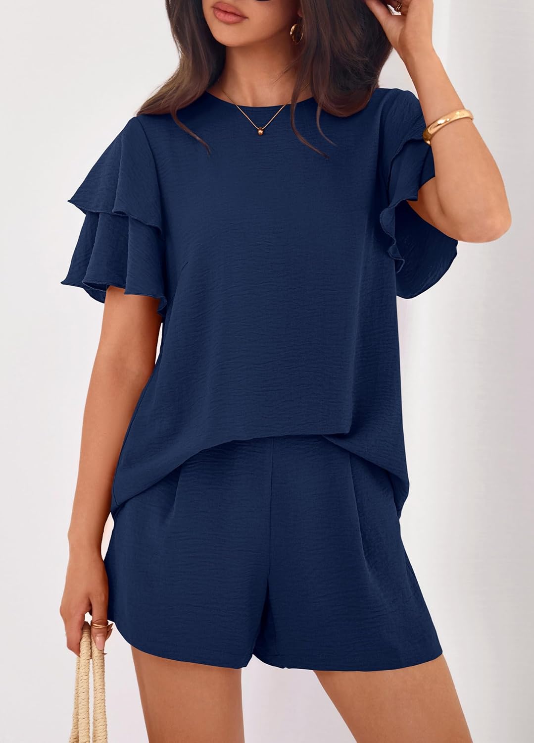 KIRUNDO Two Piece Sets For Women Summer Casual Loose Ruffle Short Sleeve Matching Shorts Sets Beach Vacation Cruise Outfits - Image 6