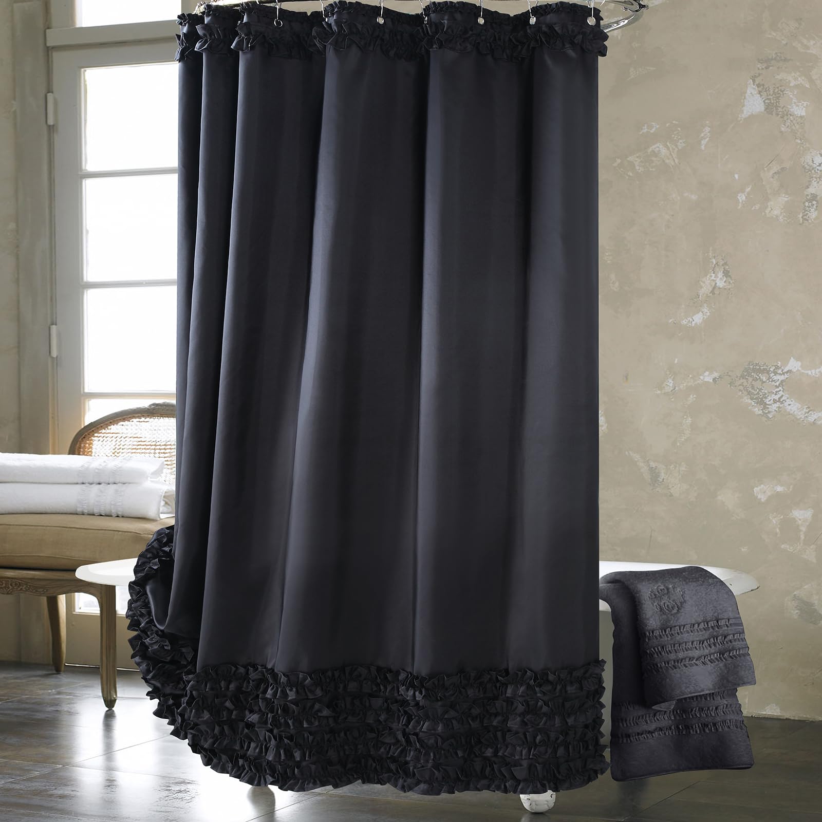 BESTRIPES Ruffle Shower Curtain, Black Long Stall Fabric Shower Curtain with Handmade Ruffles, Farmhouse Chic Bath Small Curtains, 54" W x 78" H