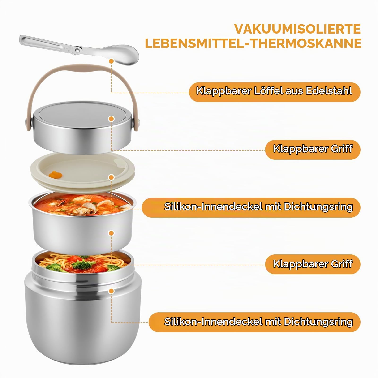 AiQInu Thermos-Lebensmittelbehälter für Erwachsene 1,2 l, Isolierter Edelstahl-Lunchbehälter mit Löffel und Griff, Weitmundig, Vakuumisoliert für Warme Speisen für Kinder und Erwachsene (Silber)