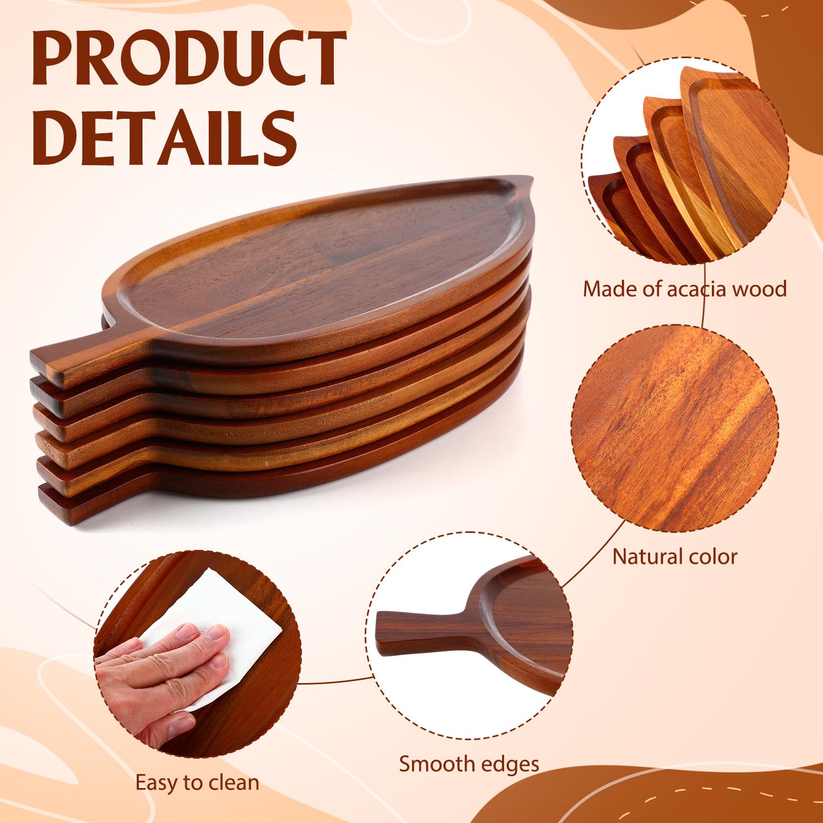 Rtteri Serviertabletts aus Akazienholz, 33 x 14 cm, Blattform, Serviertabletts aus Holz, Blattform, Serviertabletts für Snacks, Kekse, Obst, Käse, Lebensmittelschale, Heimbüro, 6 Stück