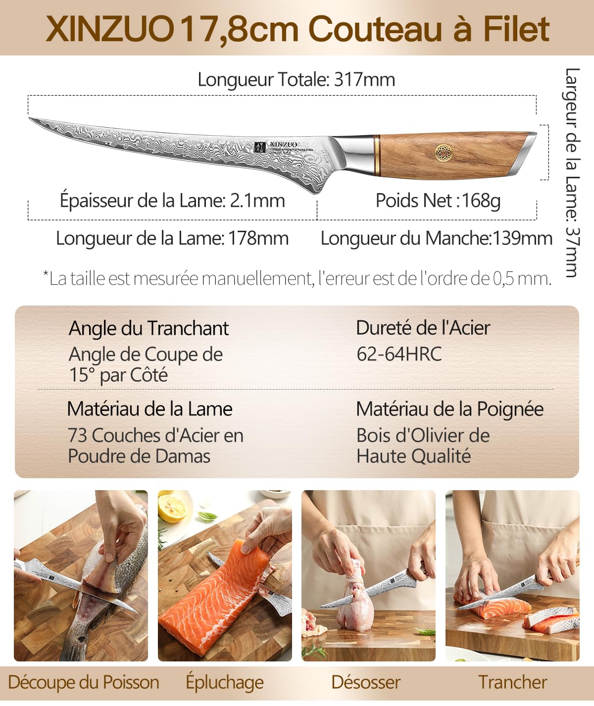 XINZUO Acier en Poudre de Damas 17,8cm Couteau à Filet,73 Couche Damas Acier de Couteau à Désosser pour Désosser le Poisson et la Viande,Couteaux à Fileter Chef Professionnel-Poignée en Bois d'Olivier