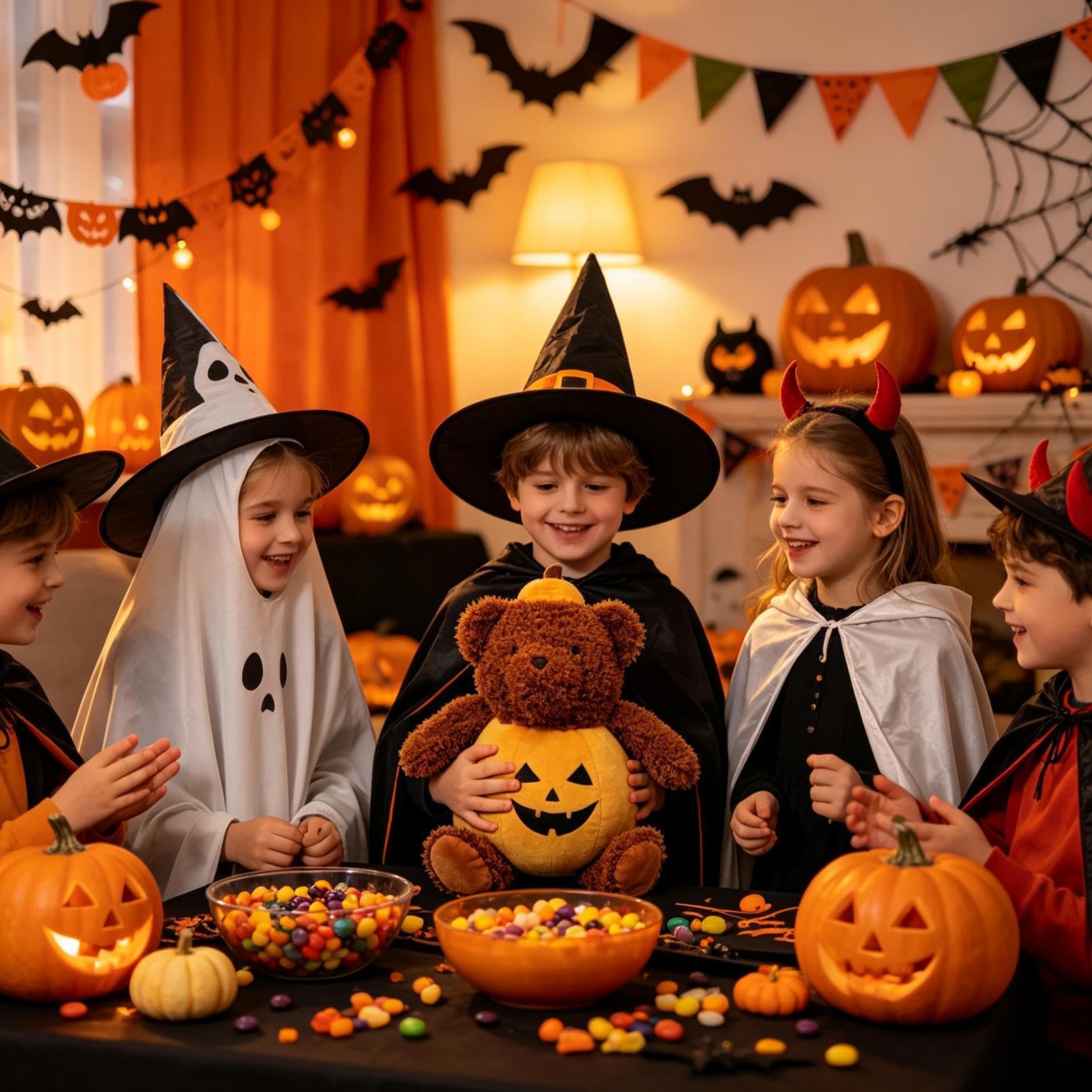 Cuscino decorativo in peluche per Halloween, con orso autunnale,