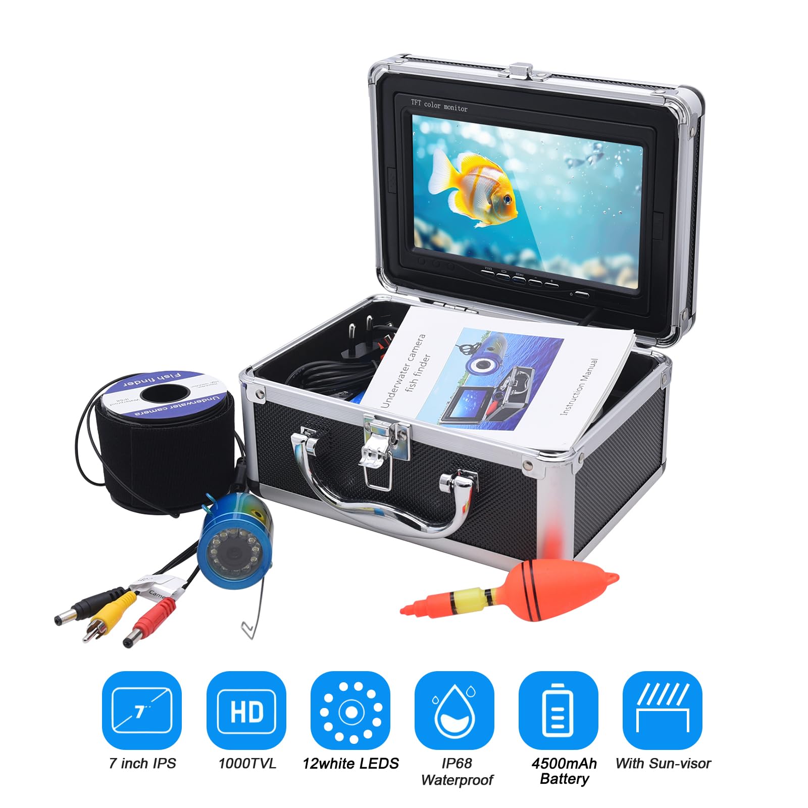 Kaolali - Cámara de pesca submarina, 7 pulgadas, cámara de detector de peces, pantalla LCD HD 1080p, cámara subacuática, resistente al agua, para pesca en hielo, lago y barco cable 15/30/50 m