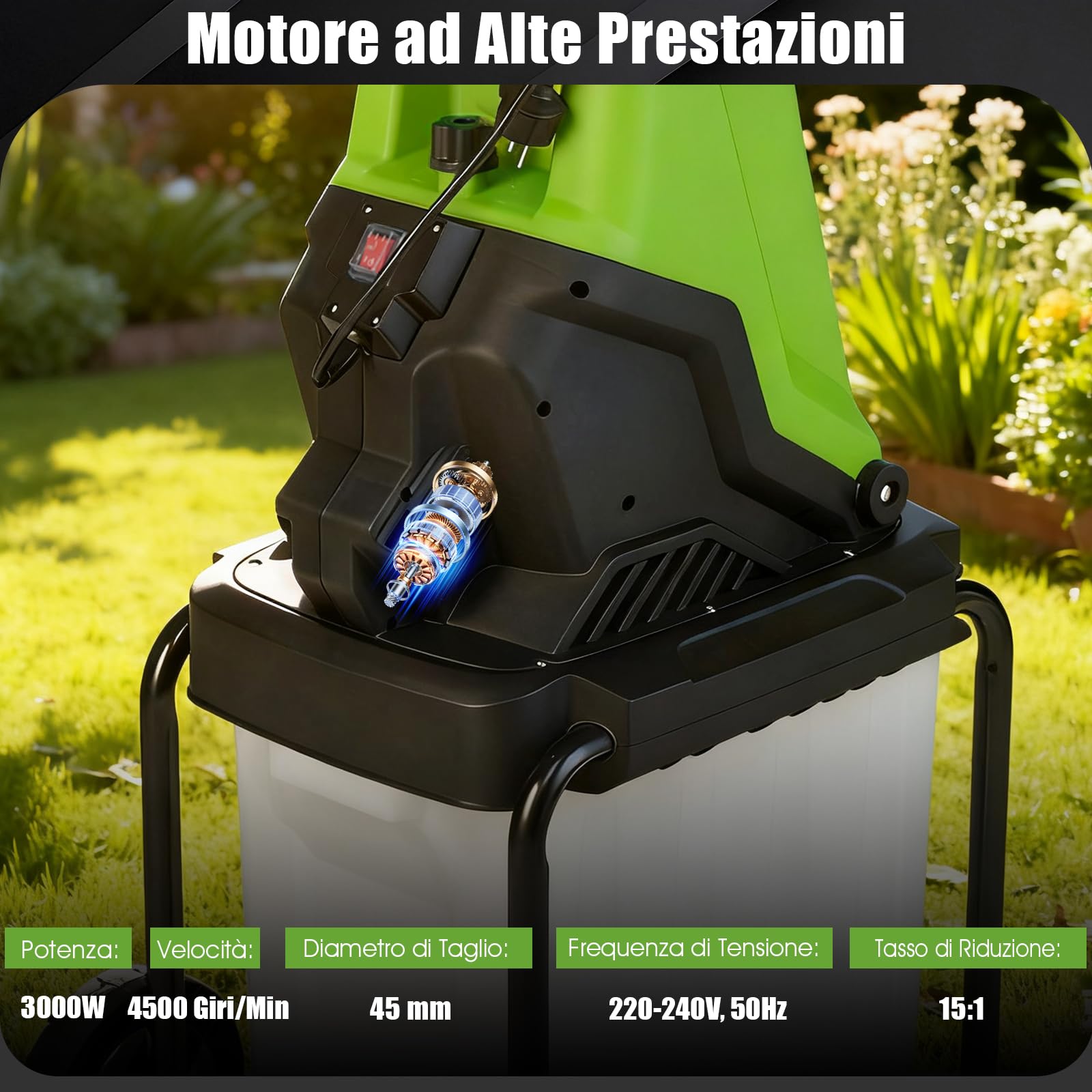COSTWAY 3000 W Biotrituratore Elettrico per Rami, Trituratore da Giardino con Cestino da 50 L, Diametro di Taglio 45 mm, Tramoggia di Alimentazione e Ruote (Verde)