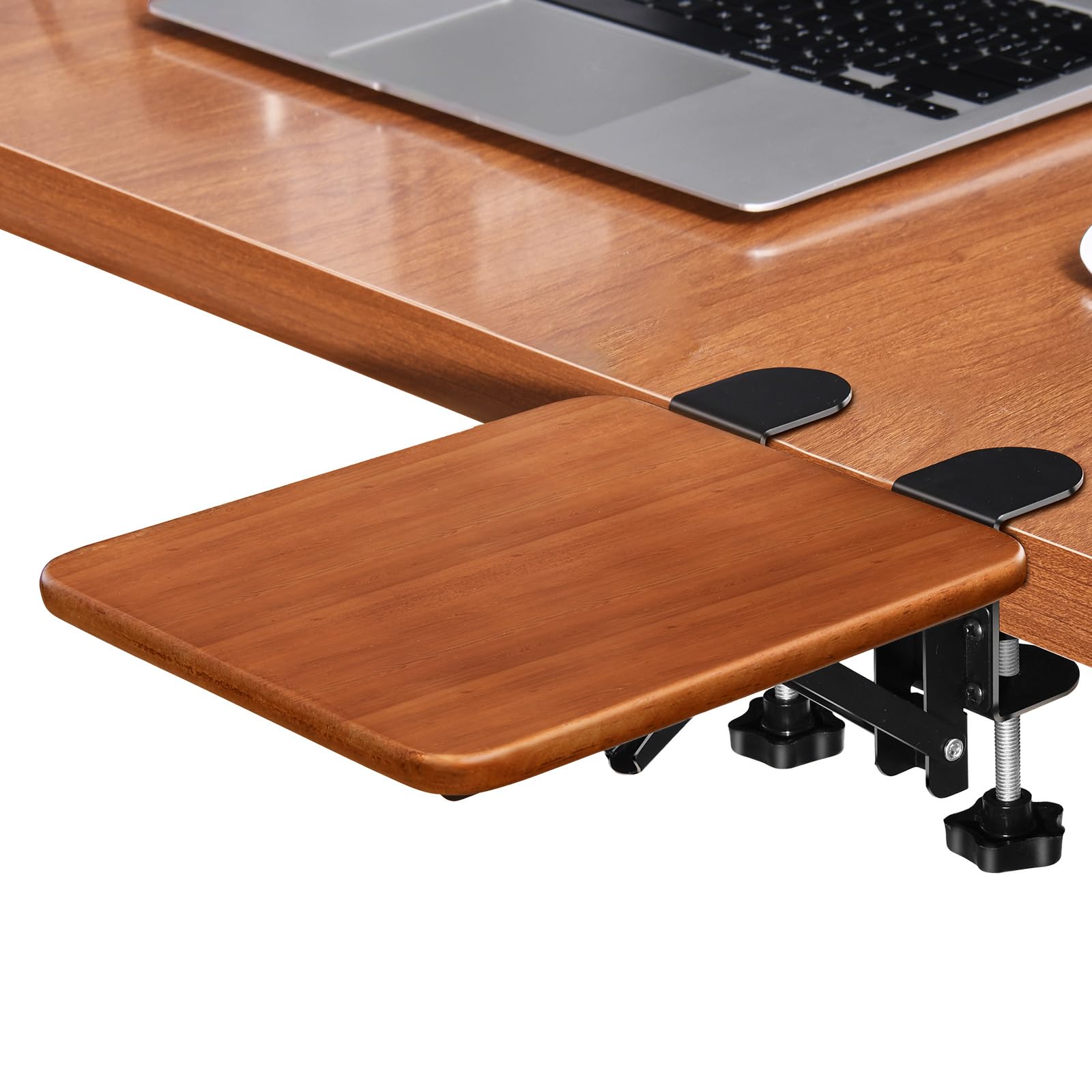 nediea Ergonomic Desk Extender Tray, 8.2"x7.6" Table Mount Arm Wrist Rest Shelf, 90° Foldable Elbow Support, Clamp on Computer Arm Rest for Desk, Office & Home Use, Wood