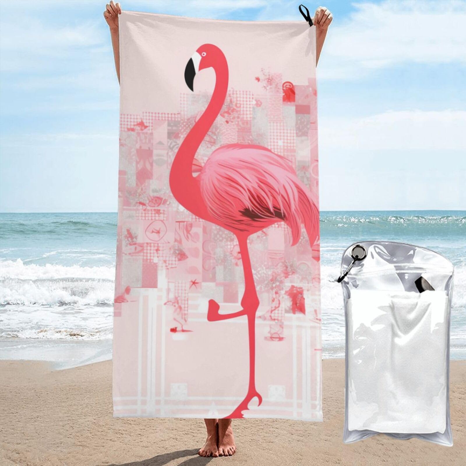 BWWHCCTI Pink Flamingo and Snowflake Printed Microfiber Quick Dry Beach Towel 80x160 CM, Fast Drying Bath Towels with Bags for Travel,Camping,Gym,Beach,Swimming,Yoga