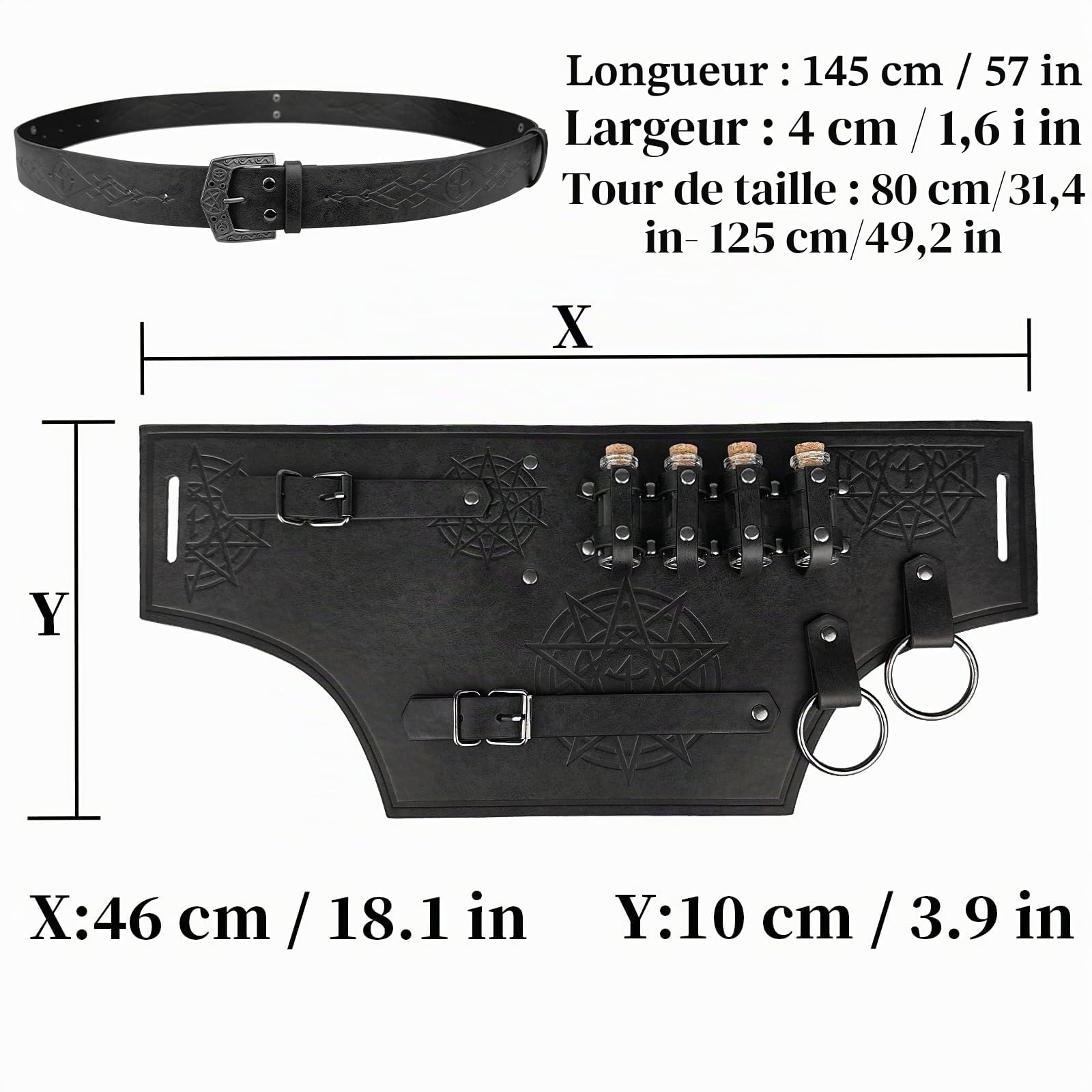 HiiFeuer 4 PCs Ceinture d'alchimie médiévale Costume, Ceinture porte-potion de sorcier en faux cuir avec 4 fioles en liège et sac de ceinture