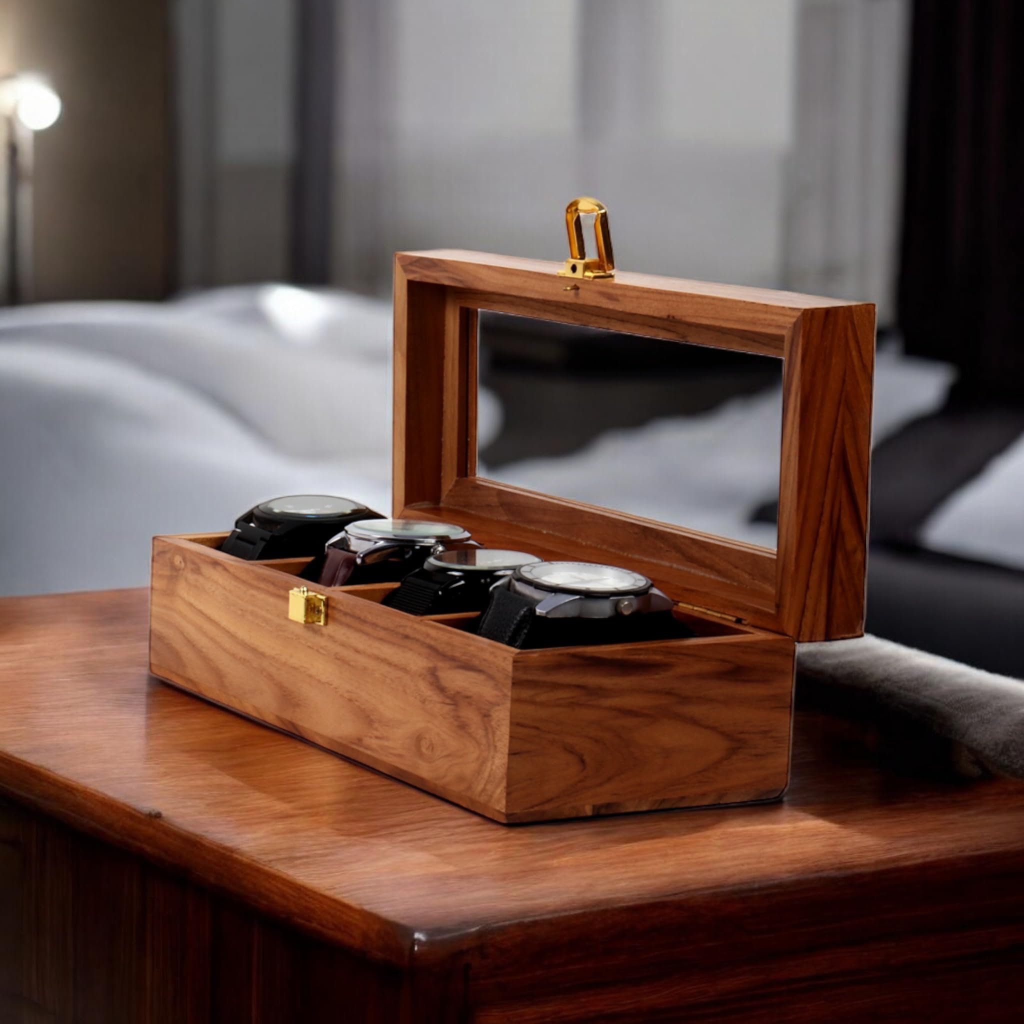 Caja de reloj de madera, organizador de almacenamiento, vitrina, soporte para joyas, regalo para hombres y mujeres, hecho a mano en madera de teca, de 4 a 12 ranuras, viene con