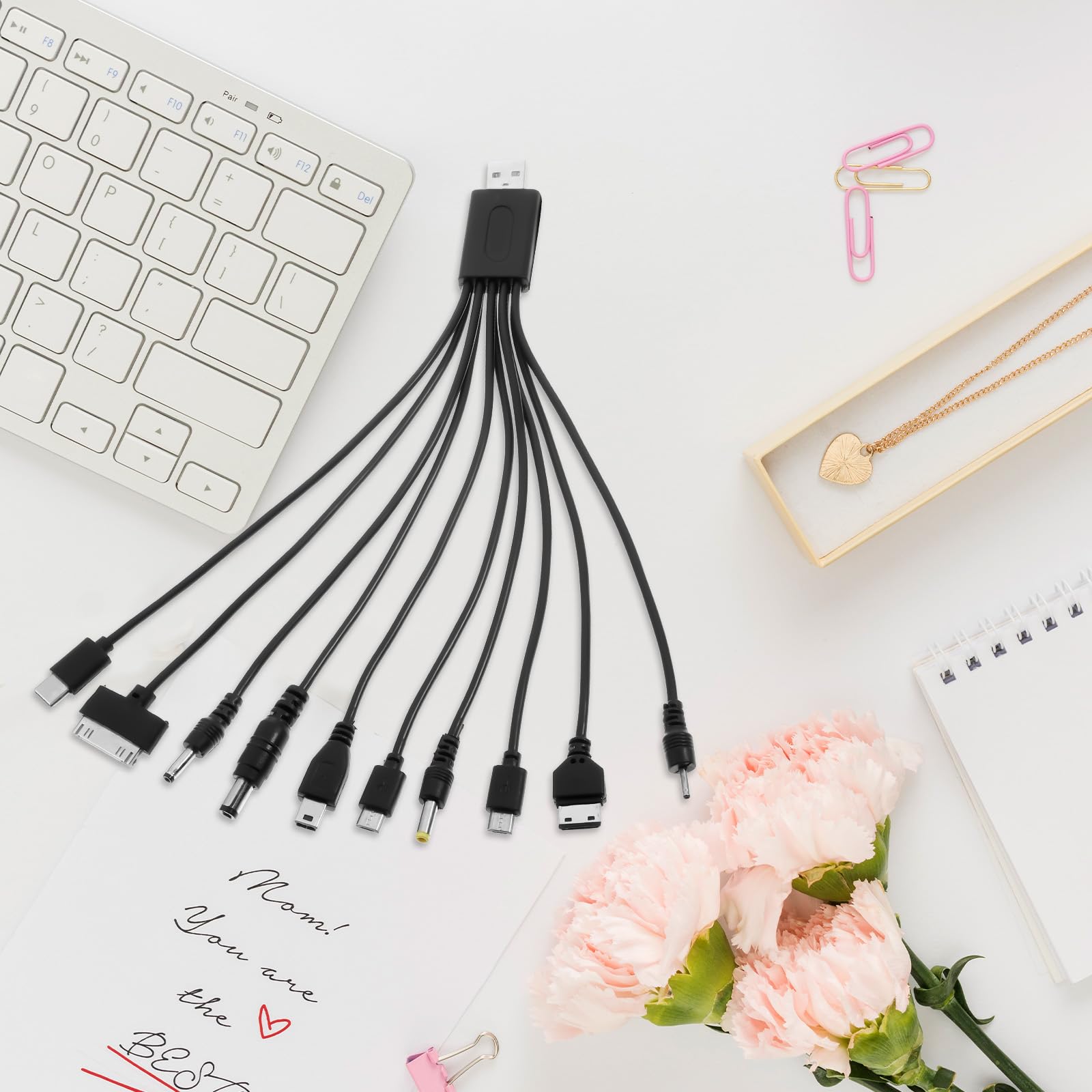 QfwdfcTrenz Cavi USB 10 in 1, caricatore universale da USB a multi presa, cavo di ricarica universale multiplo con 10 porte per telefoni cellulari, altoparlanti, MP3, MP4