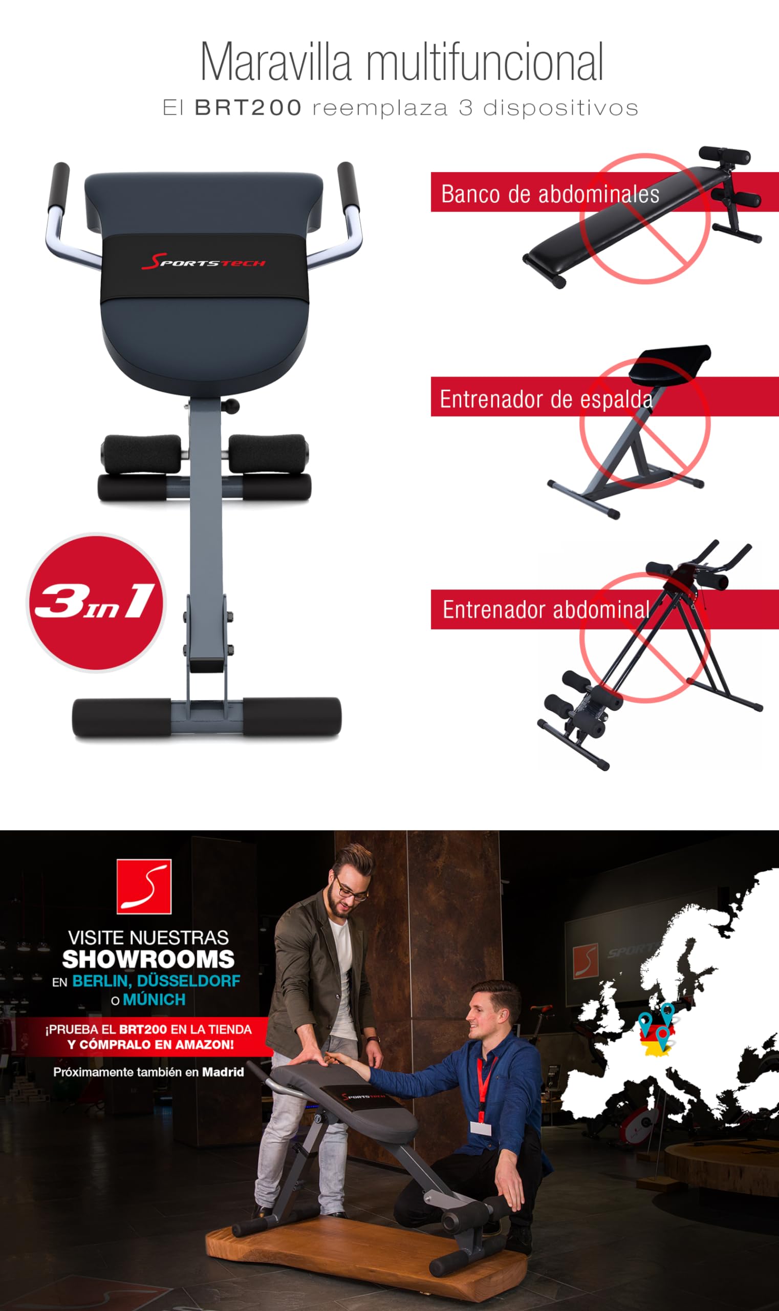 SPORTSTECH BRT200 Entrenador de Espalda y Abdomen 3en1 Patentado propio con innovador diseño antideslizante; Plegable; Multifuncional con acolchado ergonómico; Plegado fácil.