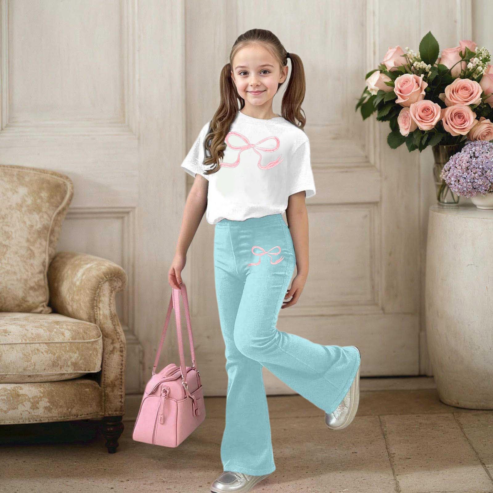 Ensemble Enfant, Deux Pièces Coordonné Pour Filles Et Enfants, Comprenant Un Pantalon Évasé Et Un Imprimé Nœud. Tenue Décontractée Élégante Avec Nœud., Style Décontracté Pour Enfant