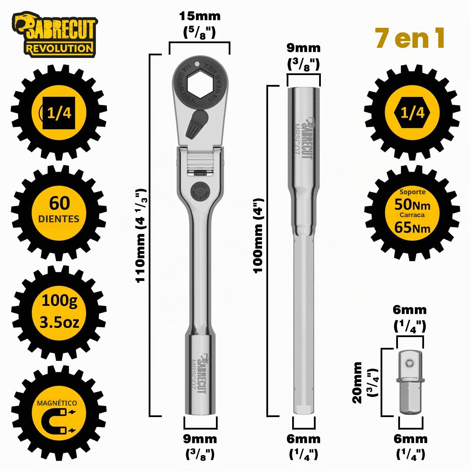 SabreCut 1pc MRSC07 6.3mm 1/4" HEX 1/4" Square Acero inox Punta Carraca | Duradero stainless-steel construcción con a preciso 60-tooth mecanismo para compacto, high-torque acceso