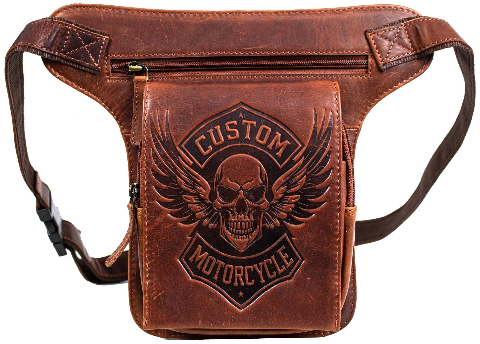 Biker Beintasche Herren Leder, Motorrad Hüfttasche Vintage, Drop Leg Bag mit Oberschenkelgurt, Custom Skull Design (Glatt Braun)