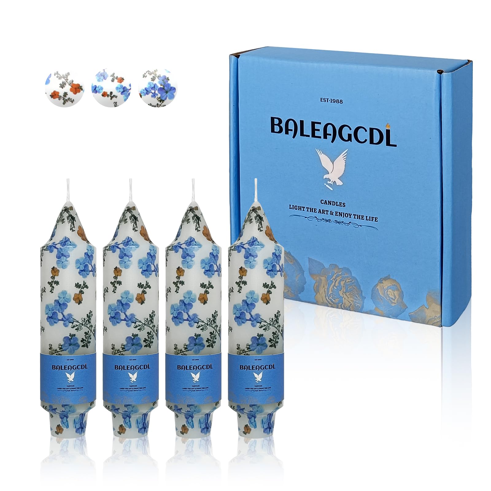 Ręcznie robione bezdymne świece stożkowe niezapominajki, 15 cm, 4 sztuki, bezzapachowa świeca o stabilnym płomieniu, na przyjęcie świąteczne, wesela, dekoracja domu
