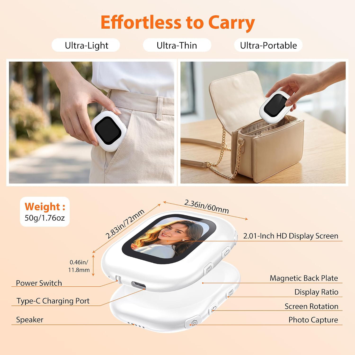 Wearable Magnetic Selfie Monitor Screen with Neck Lanyard & Remote, Real-Time Back Camera Monitor for Vlog, TikTok, YouTube & Live Streaming, Wireless & Wired Connection for iPhone & Android