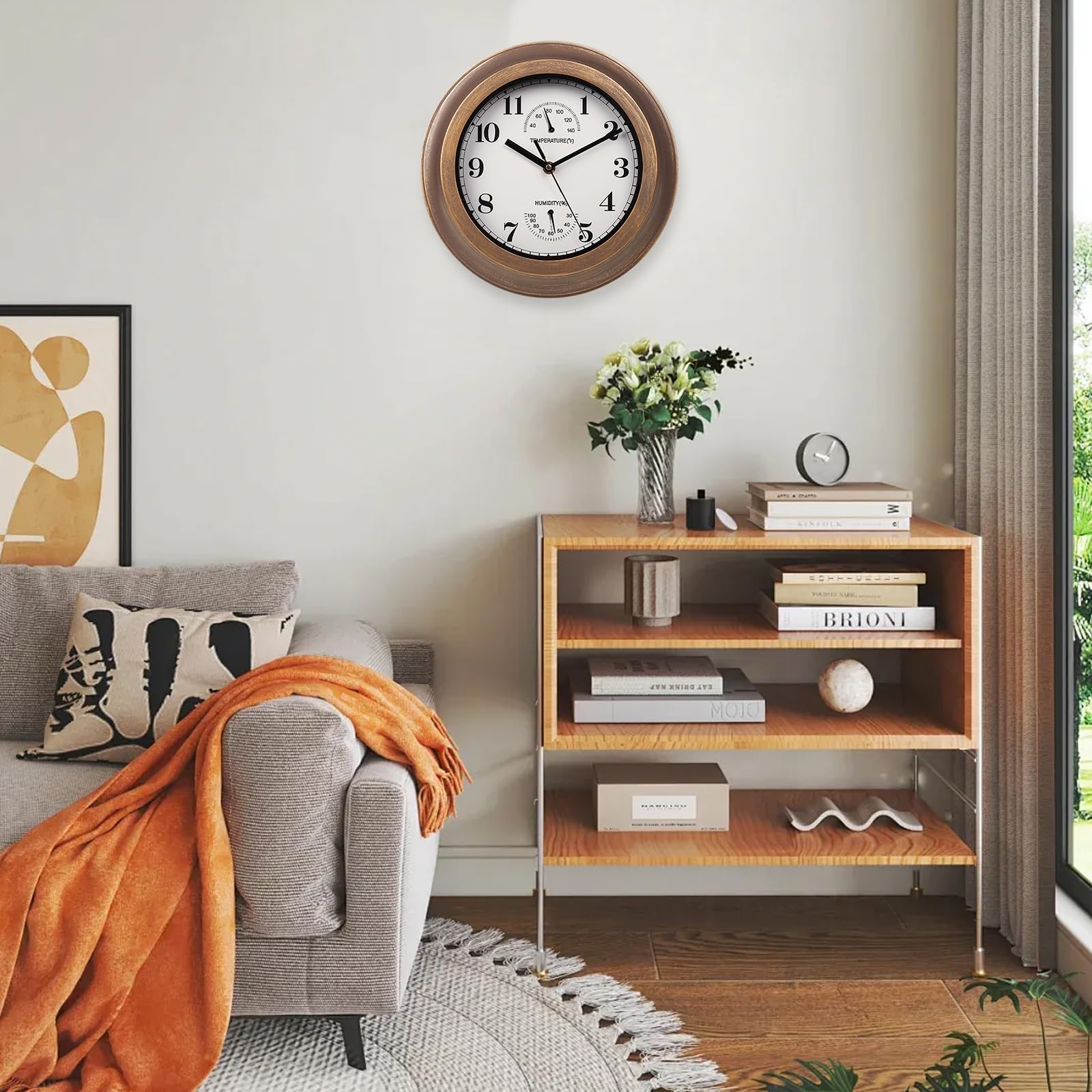 Reloj de pared impermeable para exteriores, reloj de pared retro de 11.2 pulgadas con temperatura e higrómetro, sin ruido de tictac, reloj de pared de estilo industrial retro para jardín,