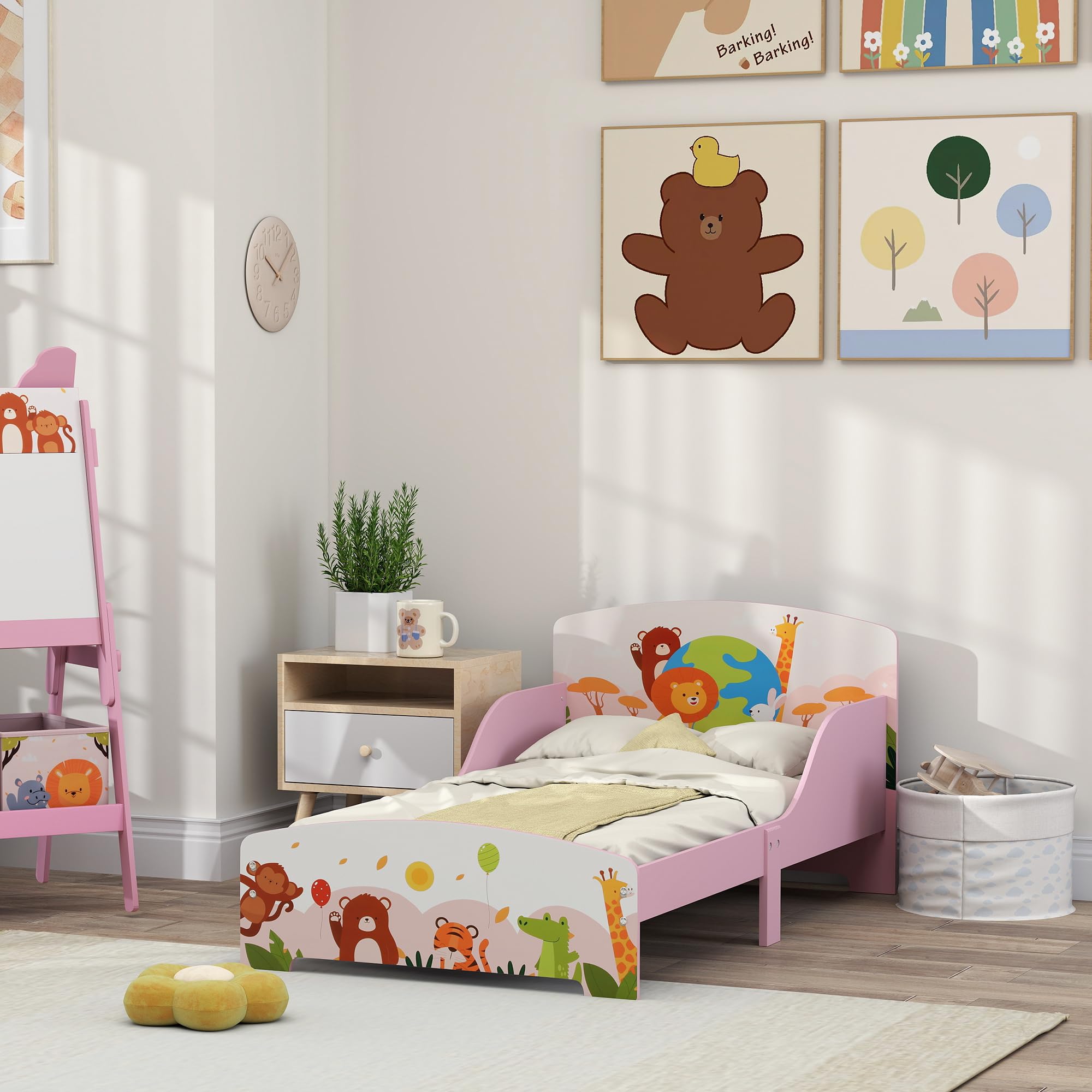 AIYAPLAY Lettino per Bambini 3+ Anni con Bordi Rialzati e Sponde di Sicurezza, Letto Bambini in Legno, 143x77x60 cm, Rosa
