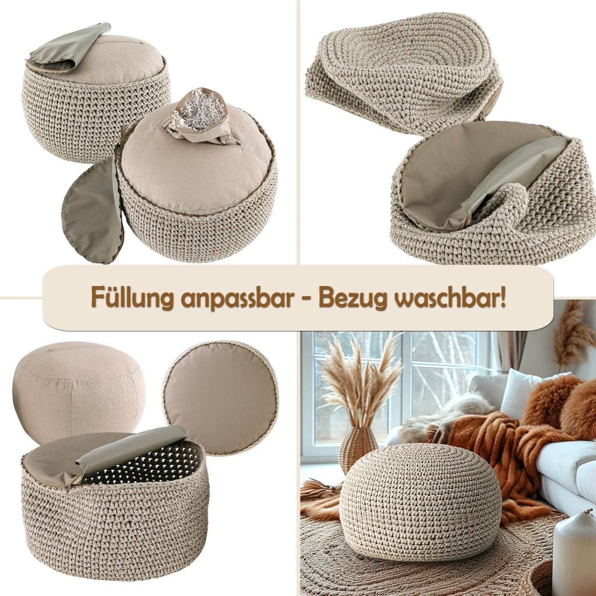 Bodenkissen Pouf Ø55 H37 Mohair Sitzhocker Sitzpouf waschbar nachfüllbar Farbe beige - weiß