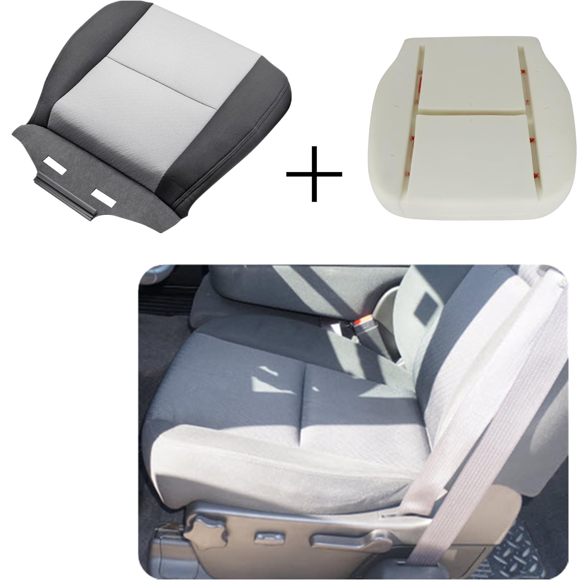 GXARTS Driver Side Bottom Replacement Cloth Ebony & Titanium Seat Cover & Foam Cushion Compatible with GMC Sierra 1500 2500 3500 with Chevy 2007 2008 2009 2010 2011 2012 2013 2014