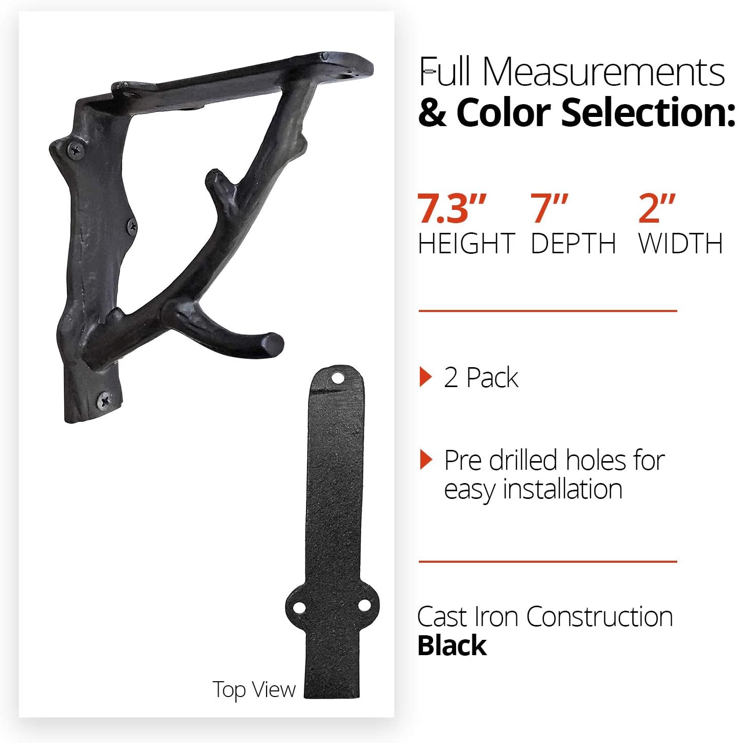 NACH Decorative Shelf Brackets, 2 Pack of 7 x 2 x 7.3 inch, Black Cast Iron Rustic Shelf Brackets - Metal Shelf Brackets for Wall - Tree Branch Shelf Bracket
