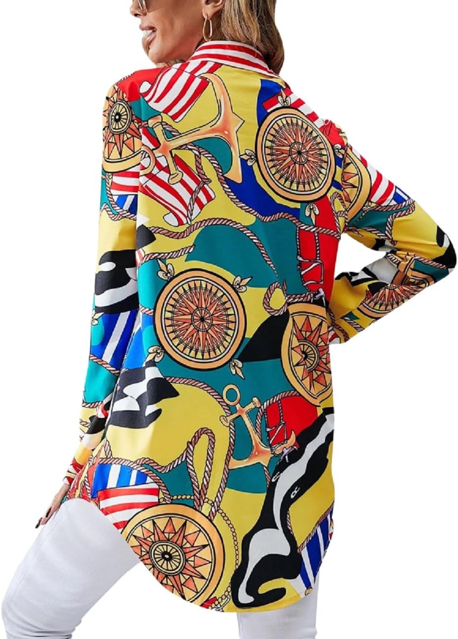 Shirt Dresses for Women Button Down Colorful Blouses Long Sleeve Floral Print Tops Loose Collar Sexy T-Shirts Plus Size - Image 2