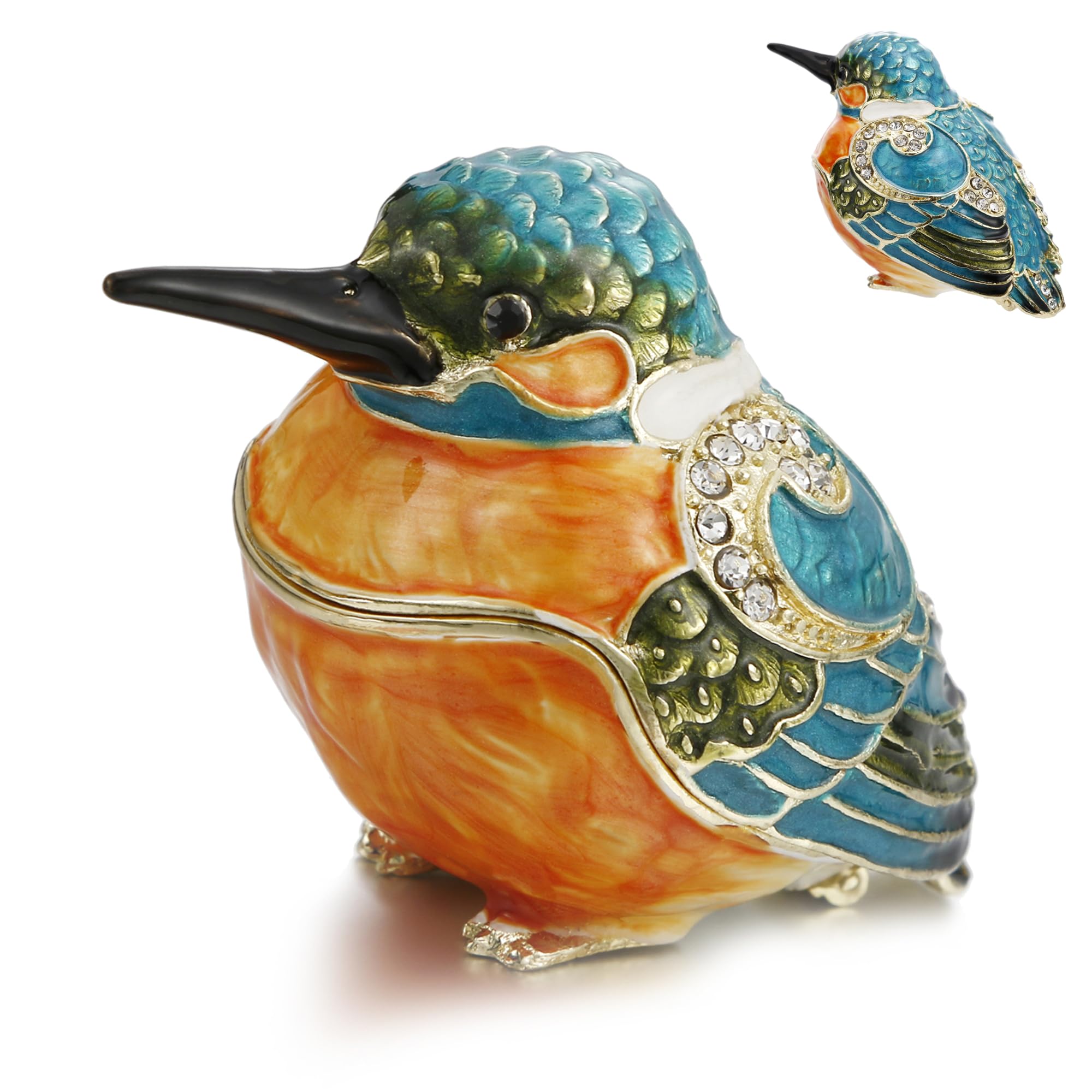 Vie jeune Hand Painted Enamel Kingfisher Trinket Box, Hinged Unique Mini Ring Necklace Jewelry Organizer, Classical Bejeweled Storage, Figurine Collectible Keepsake Home Decor (Kingfisher)