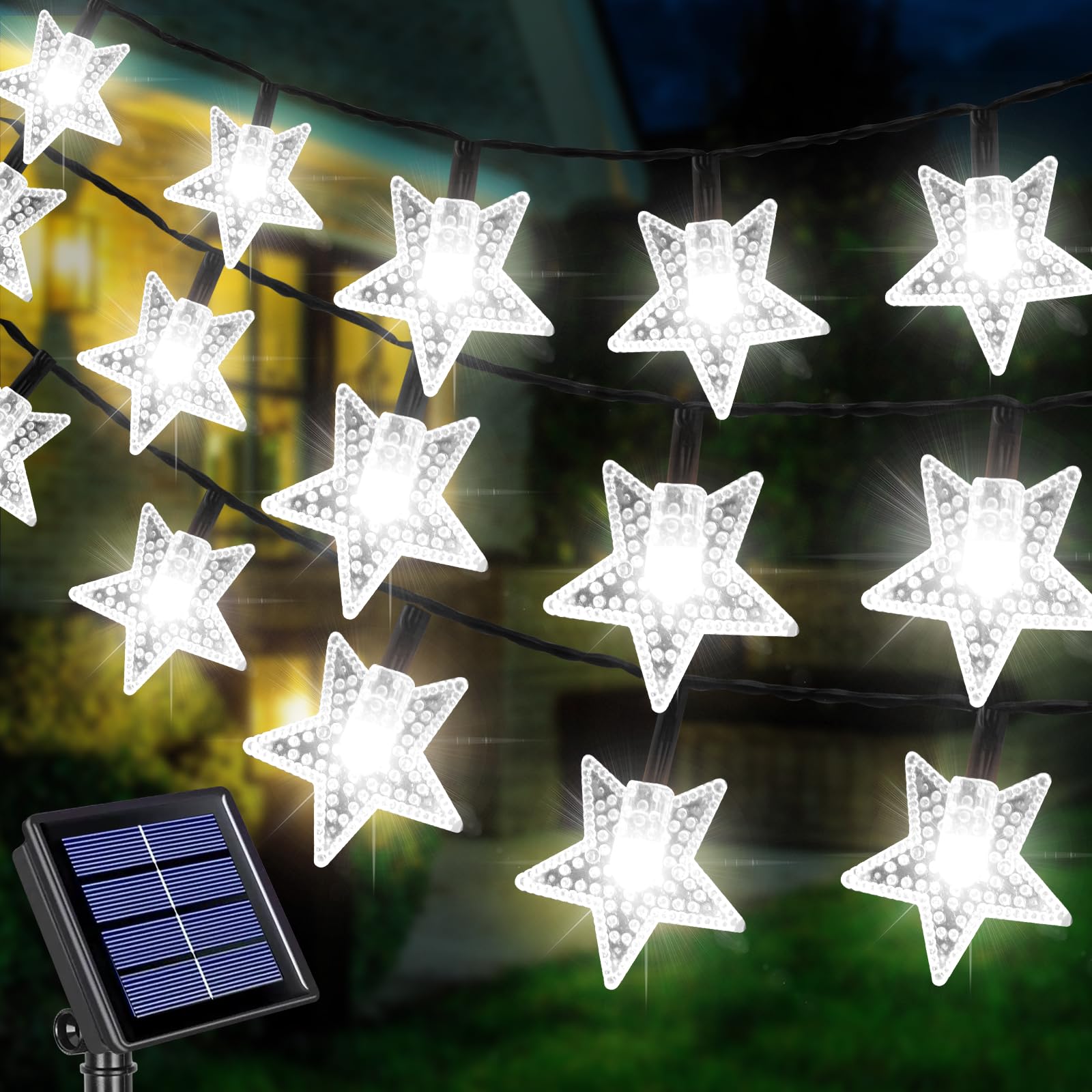 Fohil Guirnalda Luces Exterior Solar, 12M 100 LED Estrellas Cadena de Luces de Navidad Solares Exteriores 8 Modos IP65 Impermeable Decoración de Navidad Exterior, Bodas, Balcón,Patio, Jardín