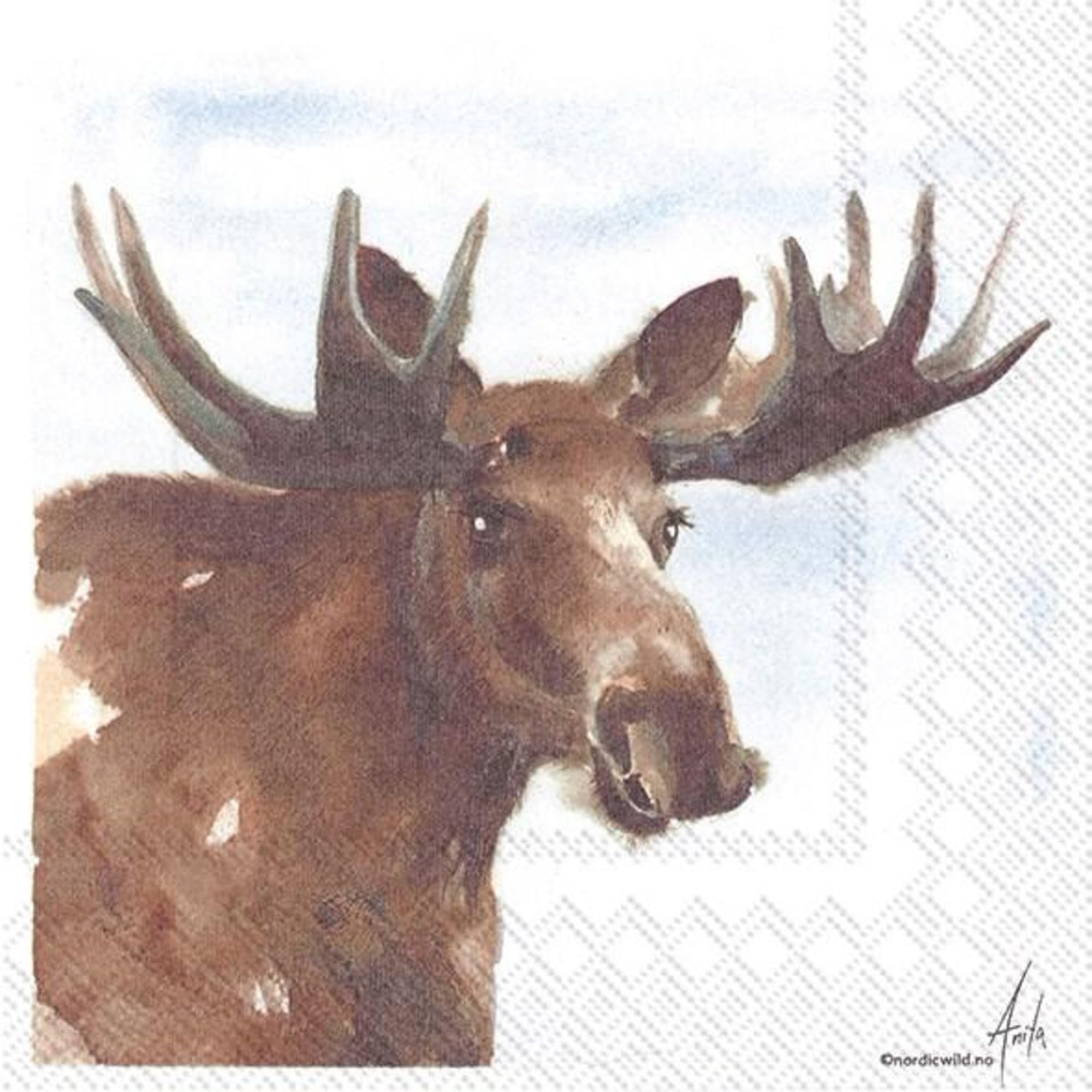 Set of 2 Individual Decoupage Paper Party Napkin Bull Moose Winter Deer Watercolor Decor Luncheon Napkins for a Birthday Holiday, Wedding, Cocktail Party