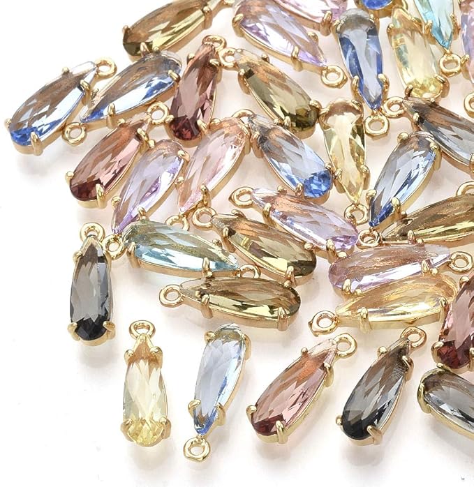 FASHEWELRY 50Pcs Teardrop Faceted Glass Pendants Mixed Colors Crystal Glass Dangle Oval Drop Bead Charms with Golden Open Back Settings for Jewelry Craft Making