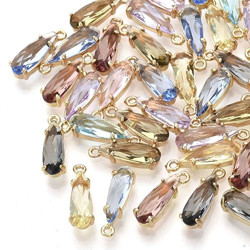 FASHEWELRY 50Pcs Teardrop Faceted Glass Pendants Mixed Colors Crystal Glass Dangle Oval Drop Bead Charms with Golden Open Back Settings for Jewelry Craft Making