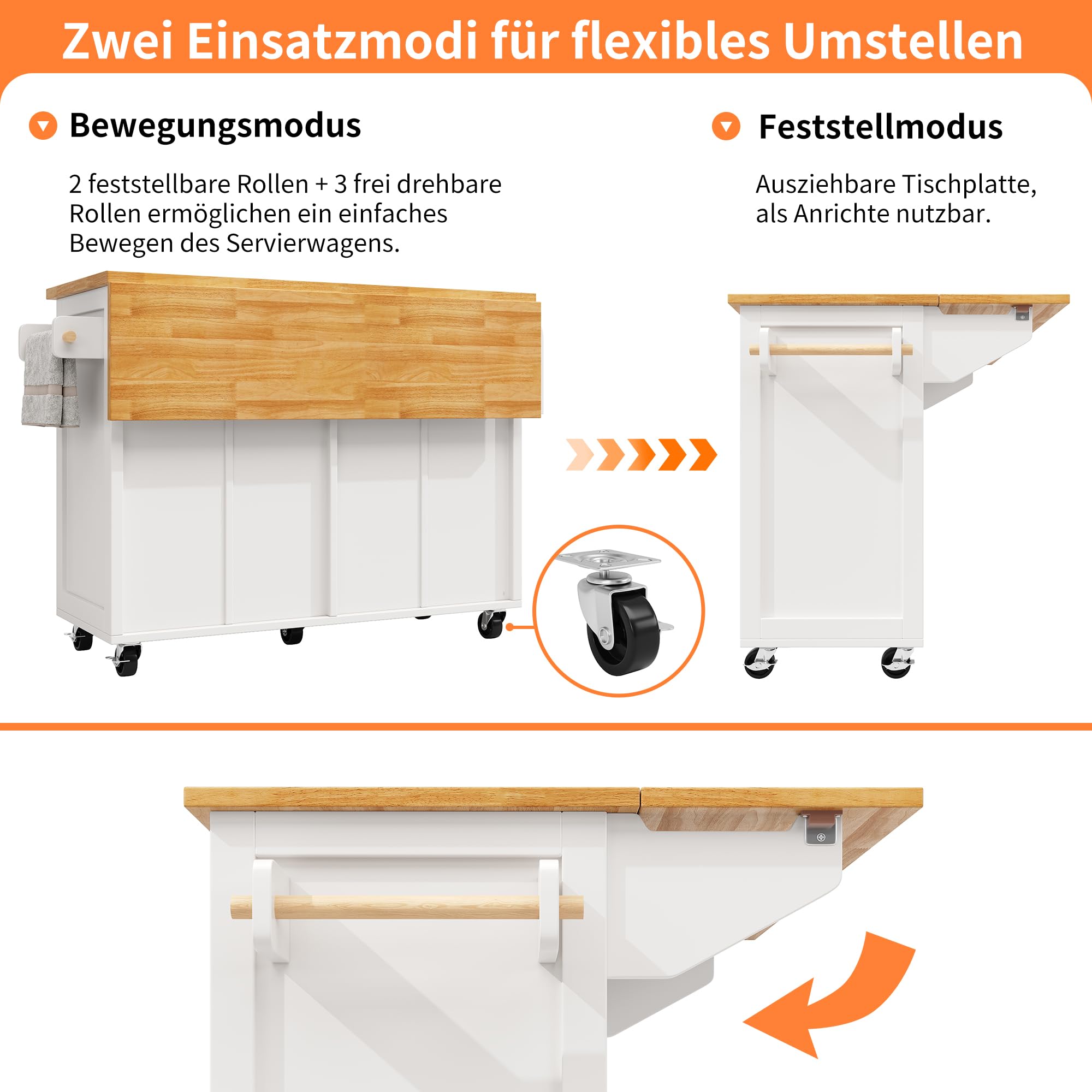 Carrello da cucina con ruote, isola da cucina con piano di lavoro pieghevole, 2 cassetti, 4 ante con finestra in vetro, 1 portasciugamani, 1 portaspezie, 140 x 45 (73) x 93,5 cm, bianco