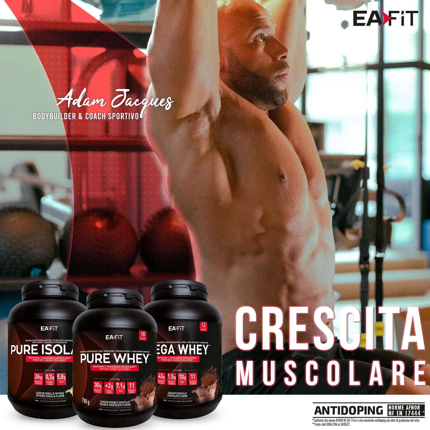 Proteine Whey Mega Whey EAFIT 750g, 100% Proteine in Polvere del Siero del Latte Istantaneo, Cioccolato, BCAA, Creatina, Aminoacidi Enzimi Digestivi, Massa Muscolare, Assorbimento Rapido, Whey Protein