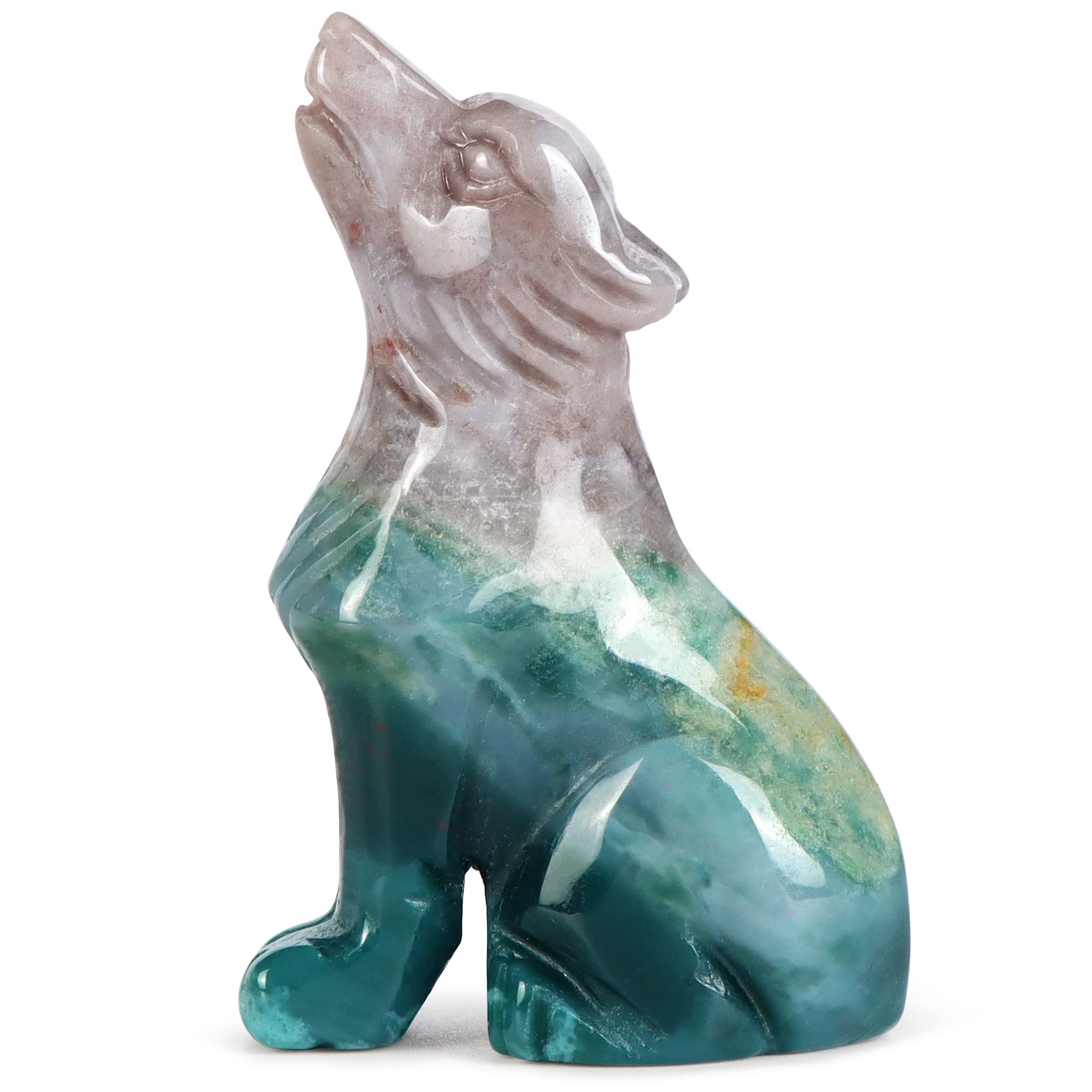 SM SMQARTCRYSTAL 2" Ocean Jasper Carved Crystal Wolf Statue and Figurine Ornament Wildlife Animal Wolves Sculpture Wolf Gifts For Men Women