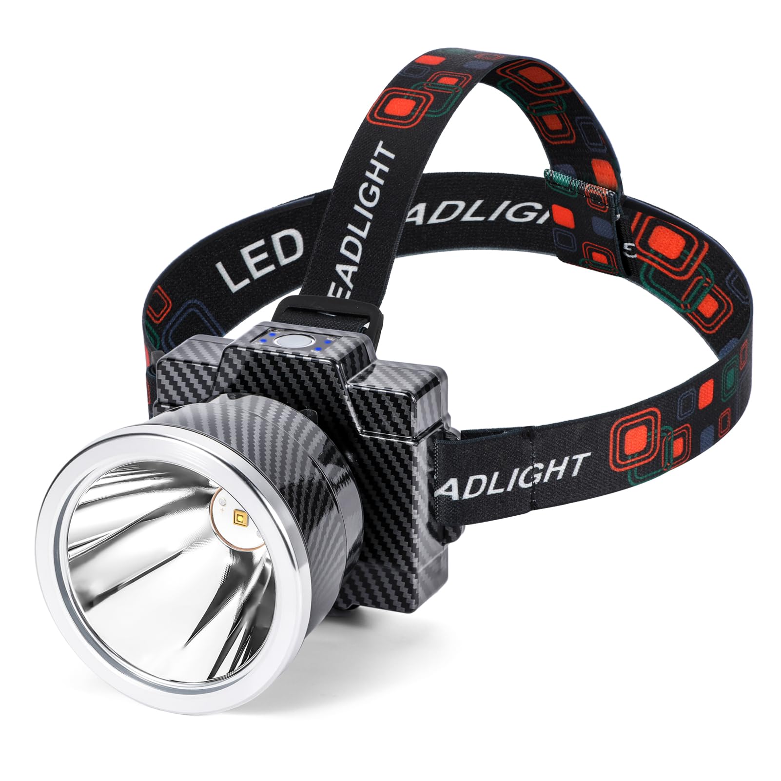 Lampe frontale LED rechargeable avec indicateur d'alimentation, 3 modes lumière blanche 2600 mAh, batterie longue durée, plus de 10 heures d'autonomie, IP65 étanche et léger pour extérieur (motif