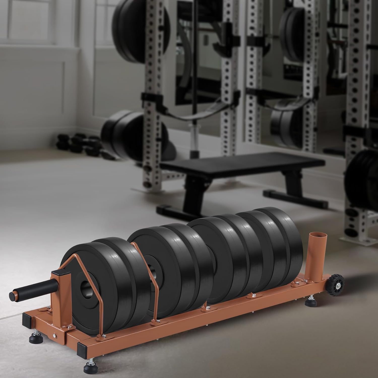Olympic Barbell Plate Organizer with Steel Frame for home or gym,Horizontal Plate with Handle and Wheels, 300LBS Capacity, Brown