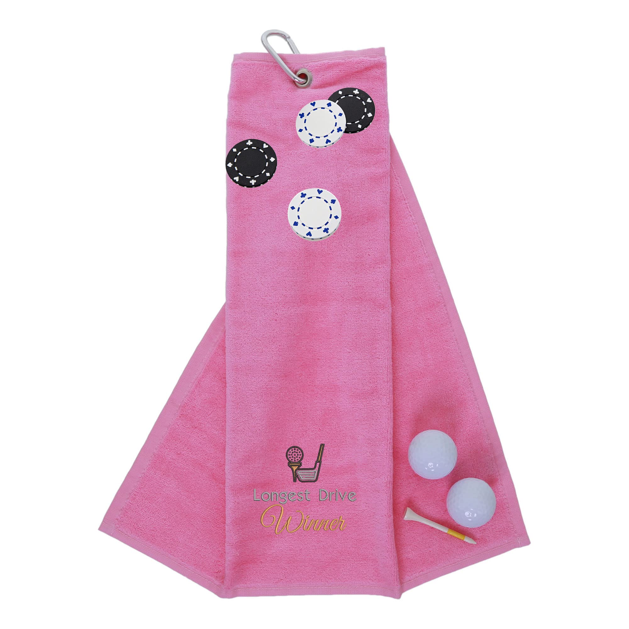 Funny Trifold Golf Towel and Poker Chip Marker Set Gift for Men, Carabiner Clip for Golf Bags, Longest Drive, Pink