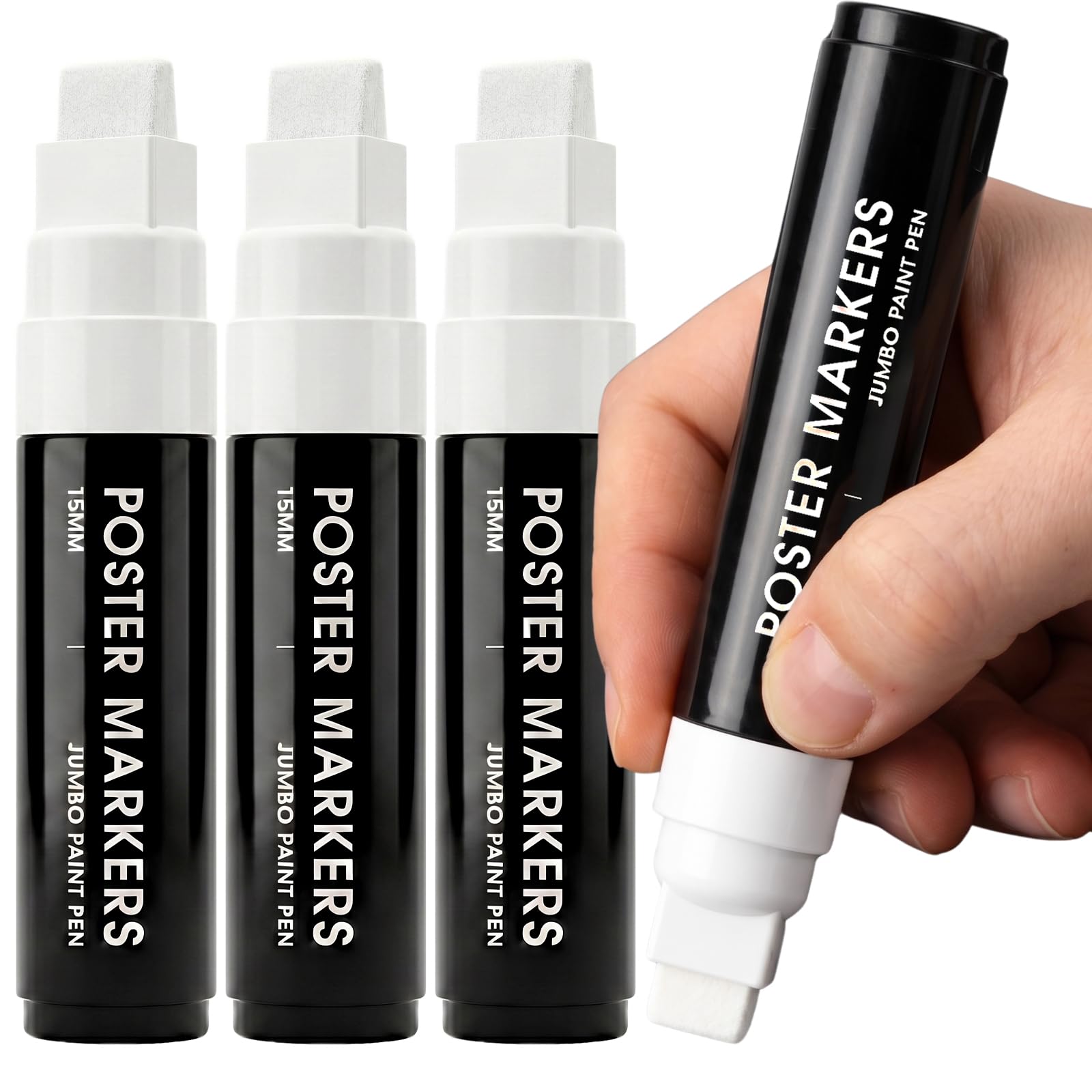 ZENO Jumbo Acrylic Paint Pens – 3 x White Colour, 3-in-1 15mm Chisel Tip, Waterproof Poster Pens for Rocks, Wood, Glass, Fabric, Crafts, Thick Colouring Pens for Artists & Children