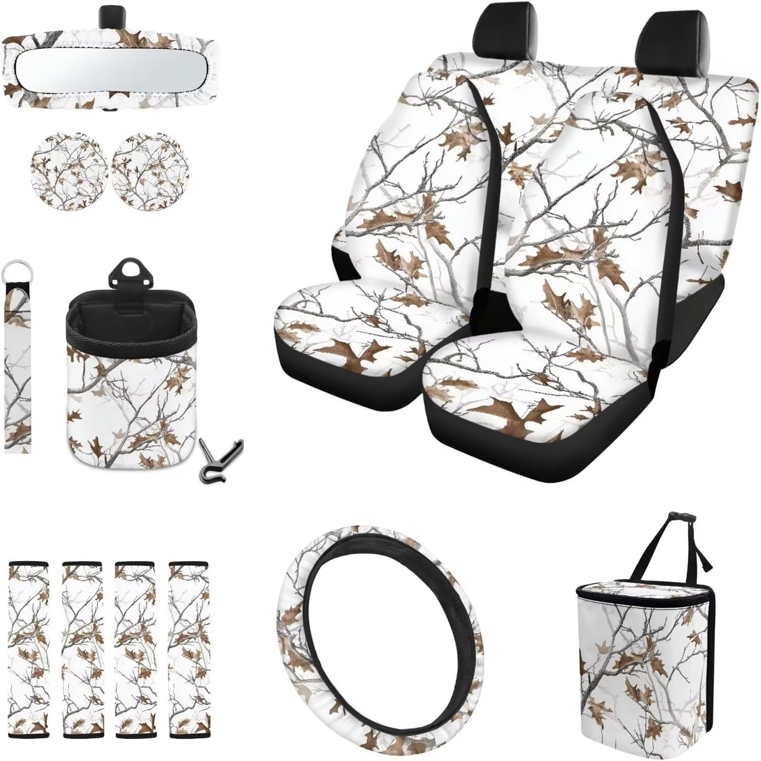Complete Car Protection Kit 15Pc Seat Covers, Steering Wheel Cover,Seat Belt Pads,Organizer Trash Can,Keychain,View Mirror Cover Etc | White Camo Forest Universal Fit