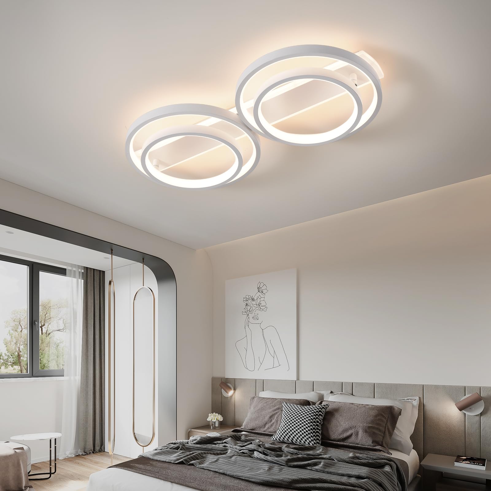 LED Deckenlampe,Dimmbar Deckenleuchte Mit Fernbedienung APP,Einstellbar Ringform Wohnzimmerlampe 4 Flammig Kronleuchter Lampe,48W 3000-6500K deckenbeleuchtung für Schlafzimmer Wohnzimmer,Weiß 86cm